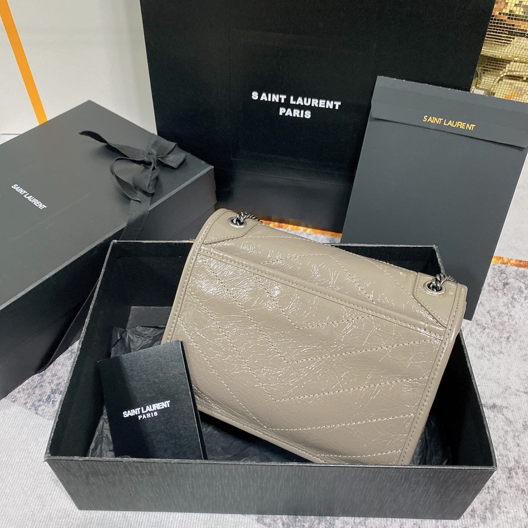 YSL NIKI BABY IN VINTAGE LEATHER LIGHT GRAY 8.2 X 6 X 2.9 INCHES