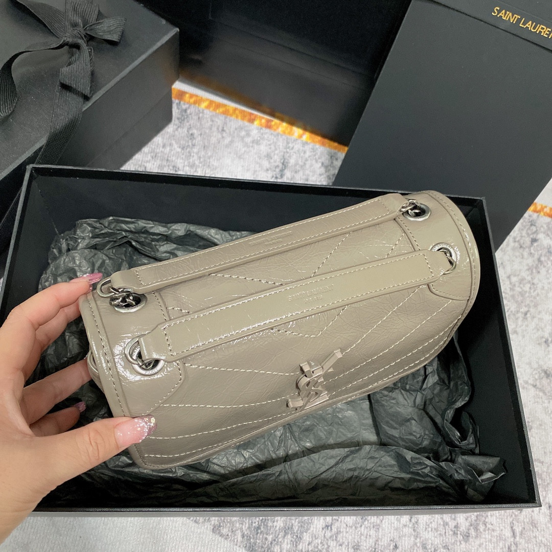 YSL NIKI BABY IN VINTAGE LEATHER LIGHT GRAY 8.2 X 6 X 2.9 INCHES