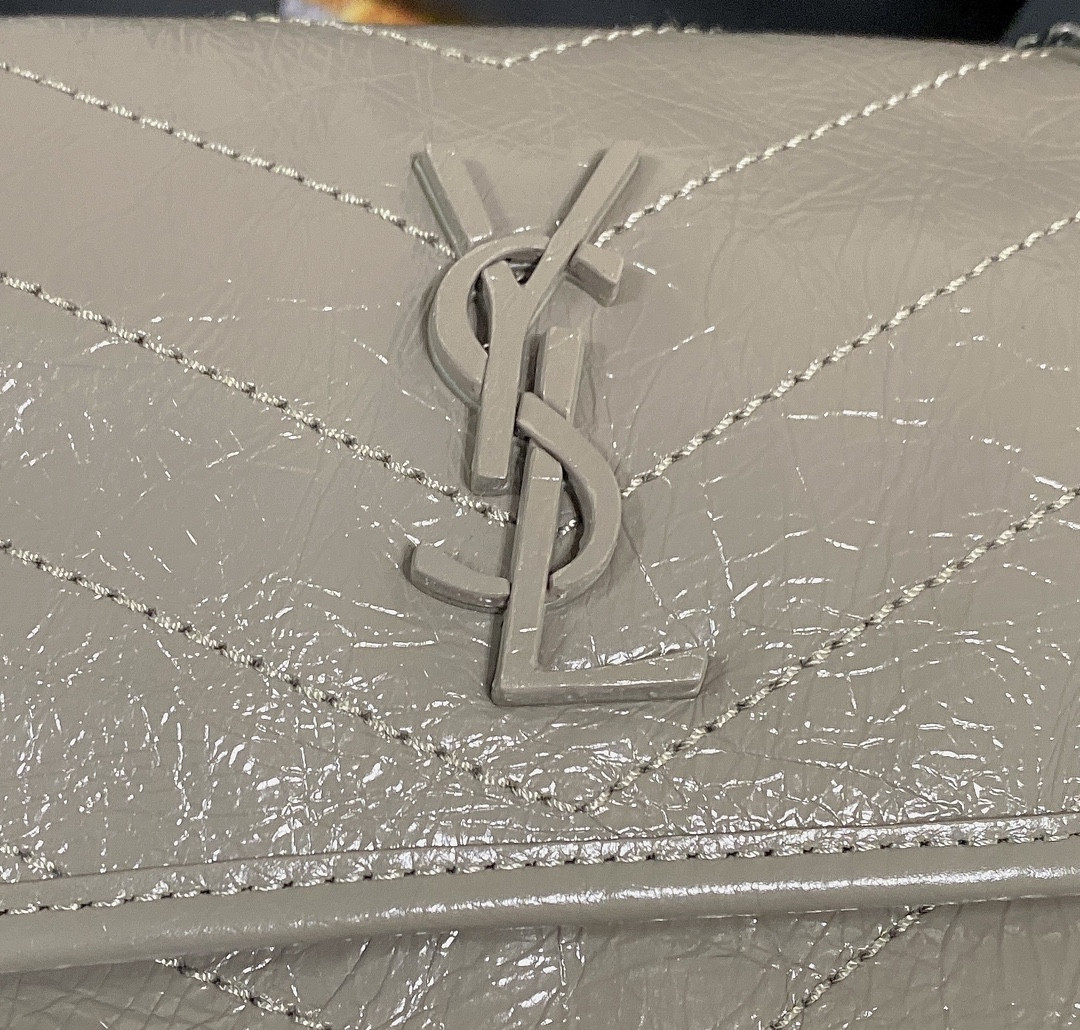 YSL NIKI BABY IN VINTAGE LEATHER LIGHT GRAY 8.2 X 6 X 2.9 INCHES