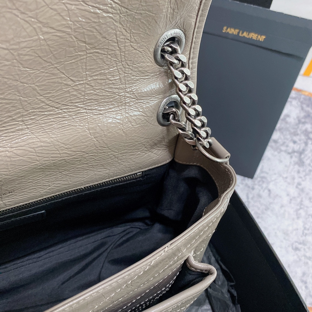 YSL NIKI MEDIUM IN VINTAGE LEATHER LIGHT GRAY 11 X 7.8 X 3.3 INCHES