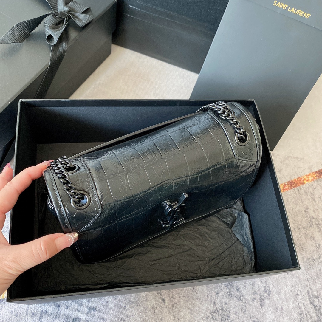 YSL NIKI BABY IN VINTAGE LEATHER BLACK SILVER 8.2 X 6 X 2.9 INCHES