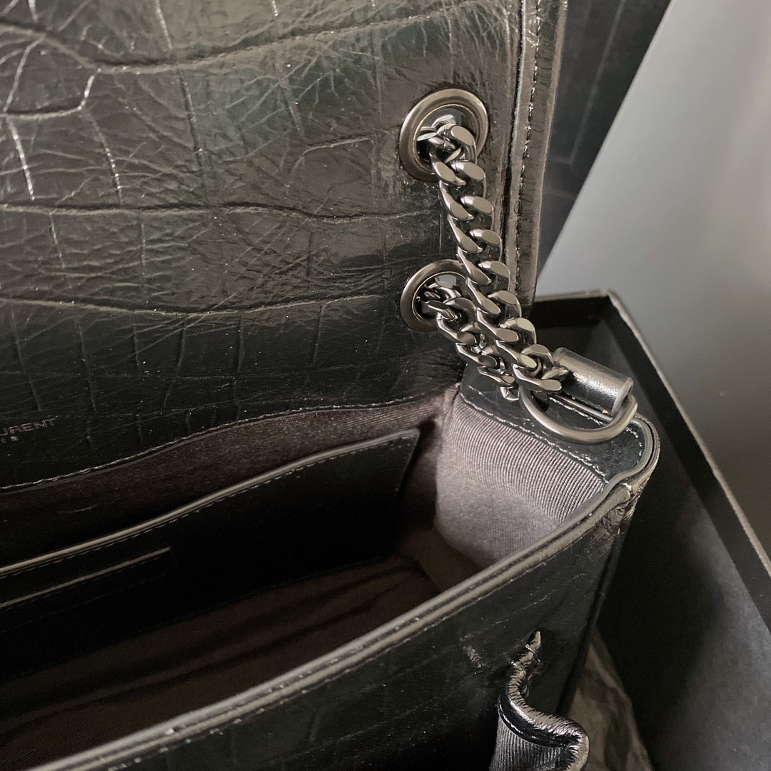 YSL NIKI BABY IN VINTAGE LEATHER BLACK SILVER 8.2 X 6 X 2.9 INCHES