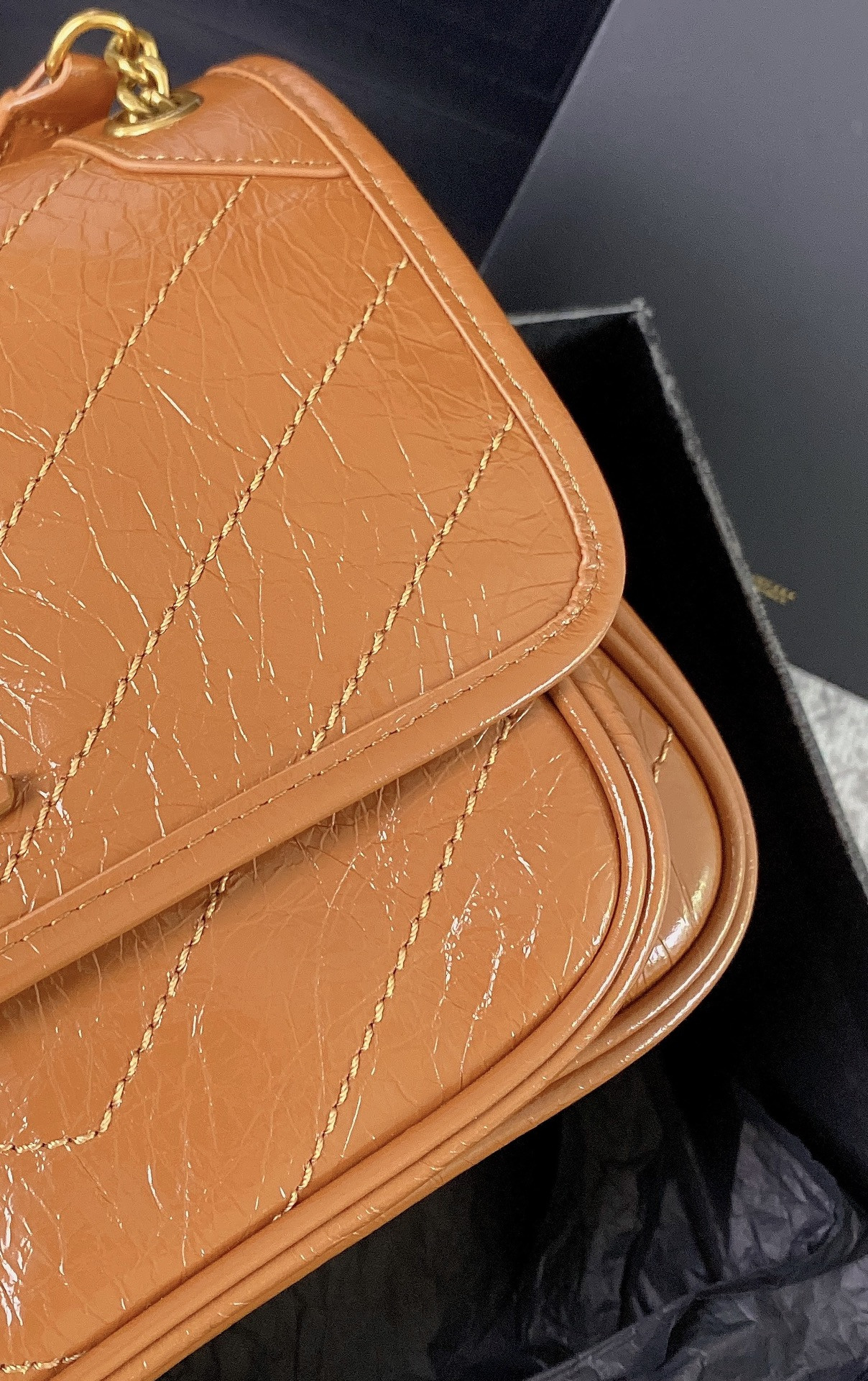 YSL NIKI BABY IN VINTAGE LEATHER LIGHT CARAMEL 8.2 X 6 X 2.9 INCHES