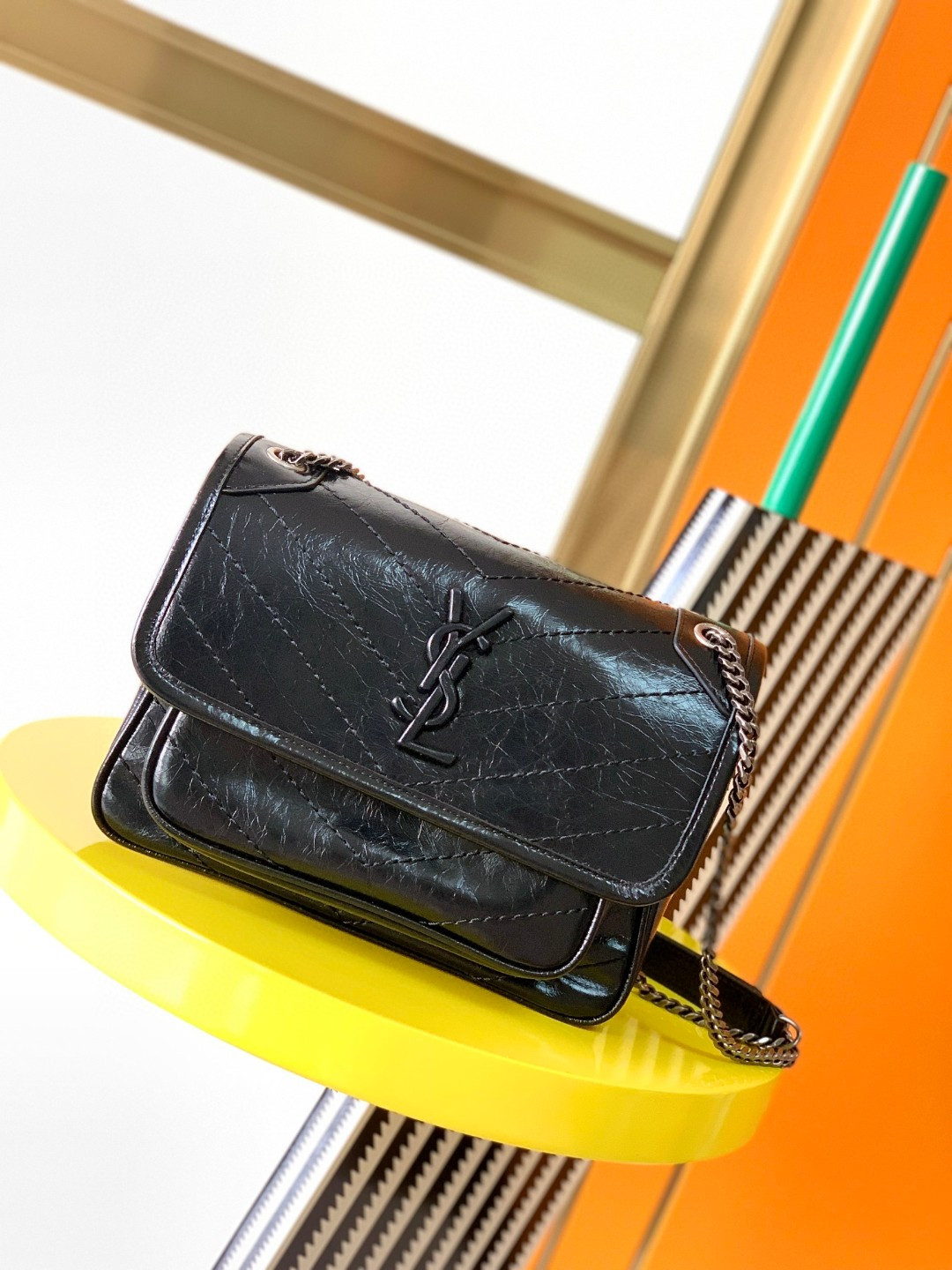 YSL NIKI BABY IN VINTAGE LEATHER BLACK 21x16x7.5cm