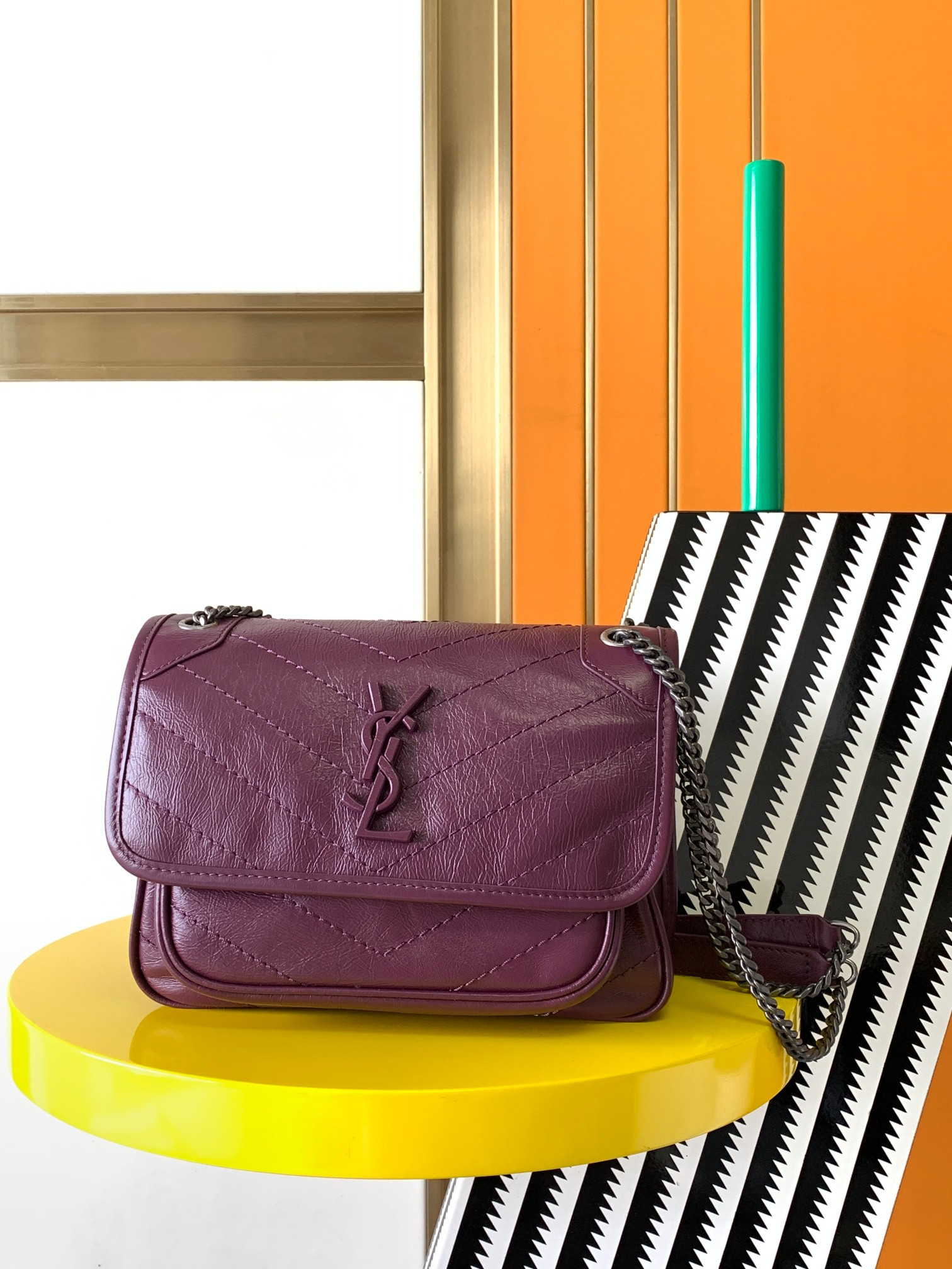 YSL NIKI BABY IN VINTAGE LEATHER PURPLE 8.2 X 6 X 2.9 INCHES