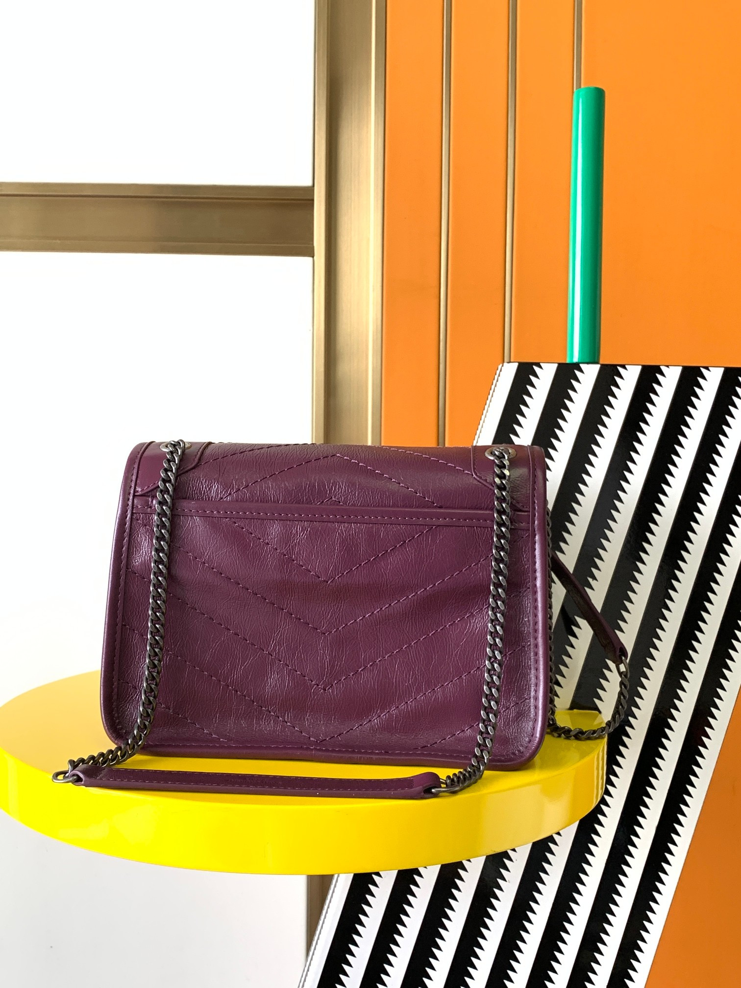 YSL NIKI BABY IN VINTAGE LEATHER PURPLE 8.2 X 6 X 2.9 INCHES