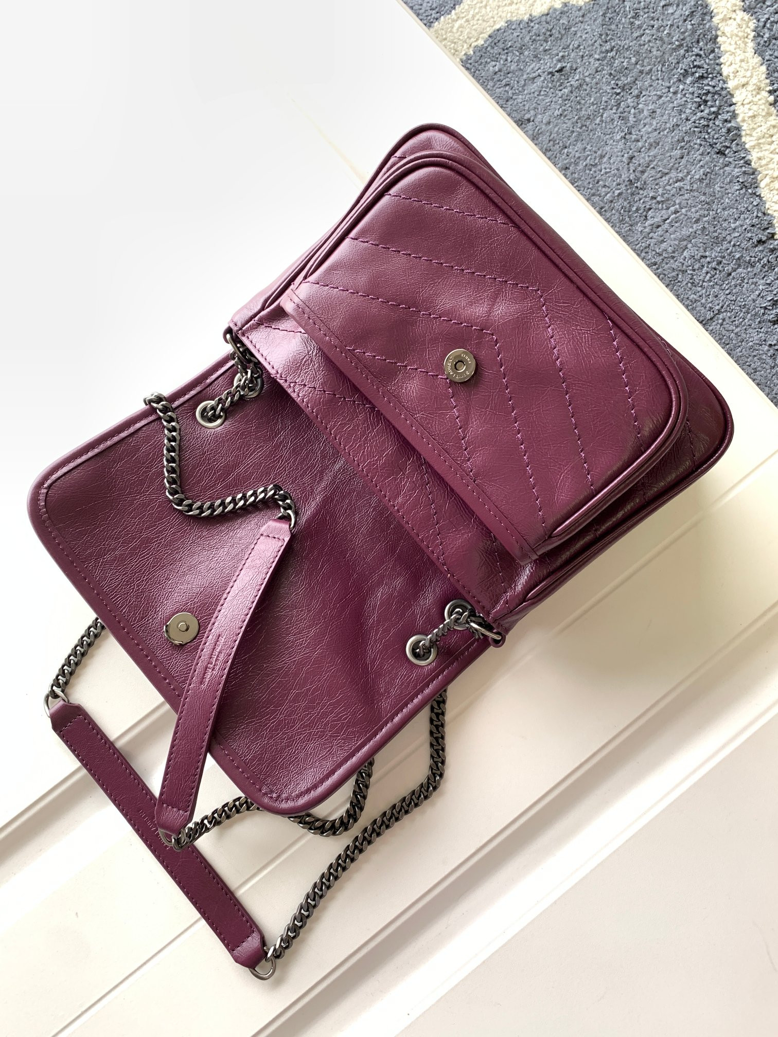 YSL NIKI BABY IN VINTAGE LEATHER PURPLE 8.2 X 6 X 2.9 INCHES