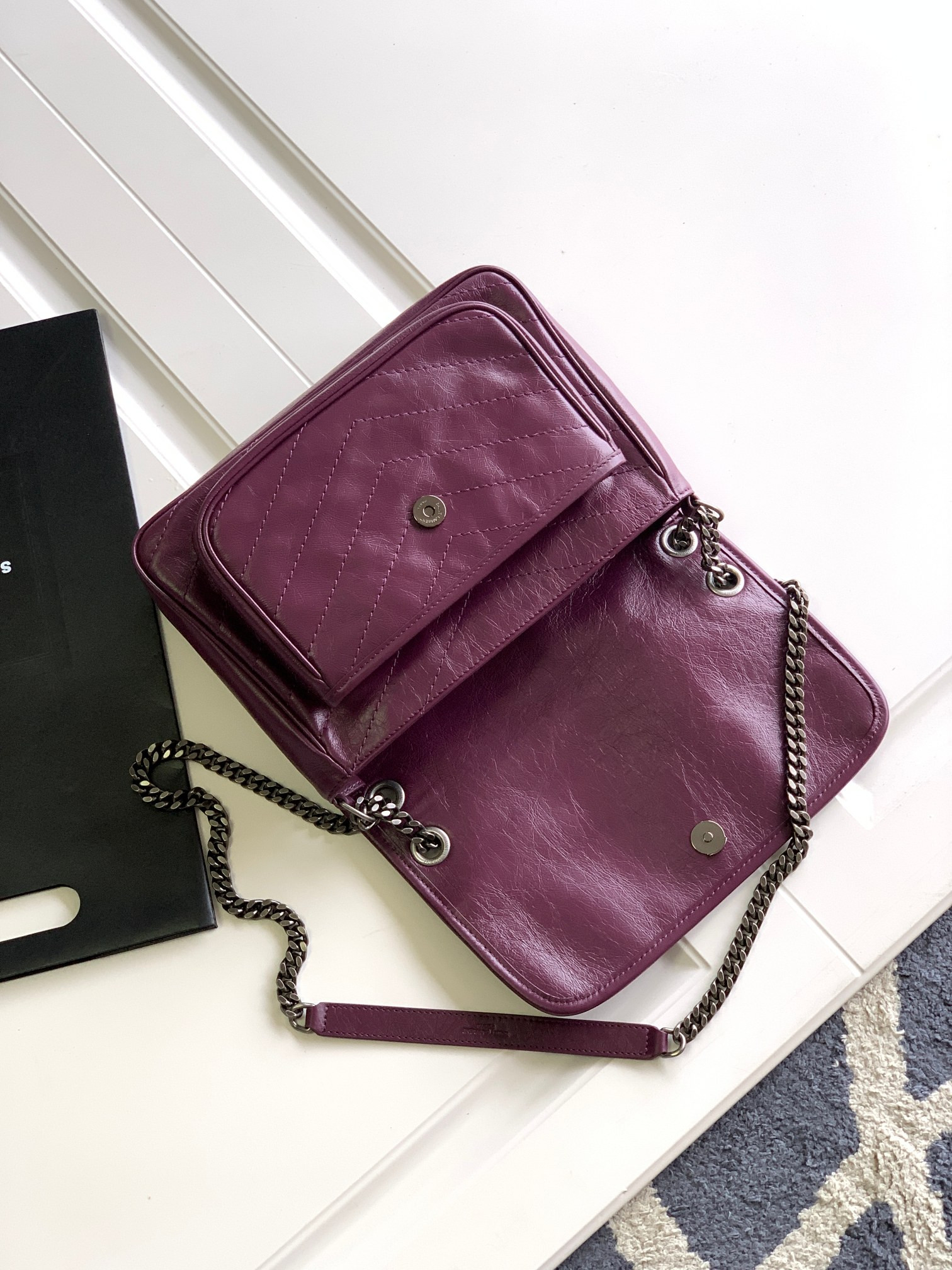 YSL NIKI MEDIUM IN VINTAGE LEATHER PURPLE 11 X 7.8 X 3.3 INCHES