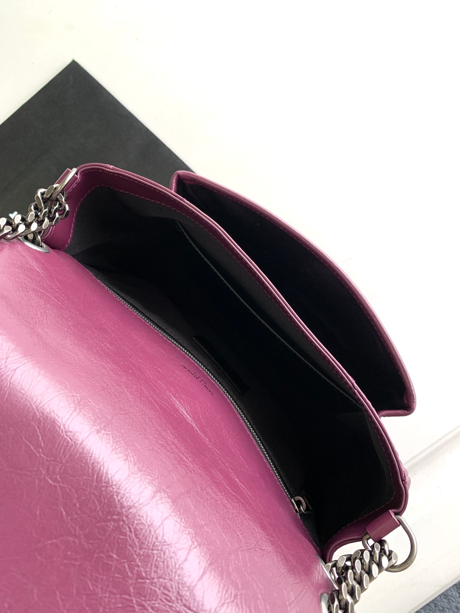 YSL NIKI MEDIUM IN VINTAGE LEATHER PURPLE 11 X 7.8 X 3.3 INCHES