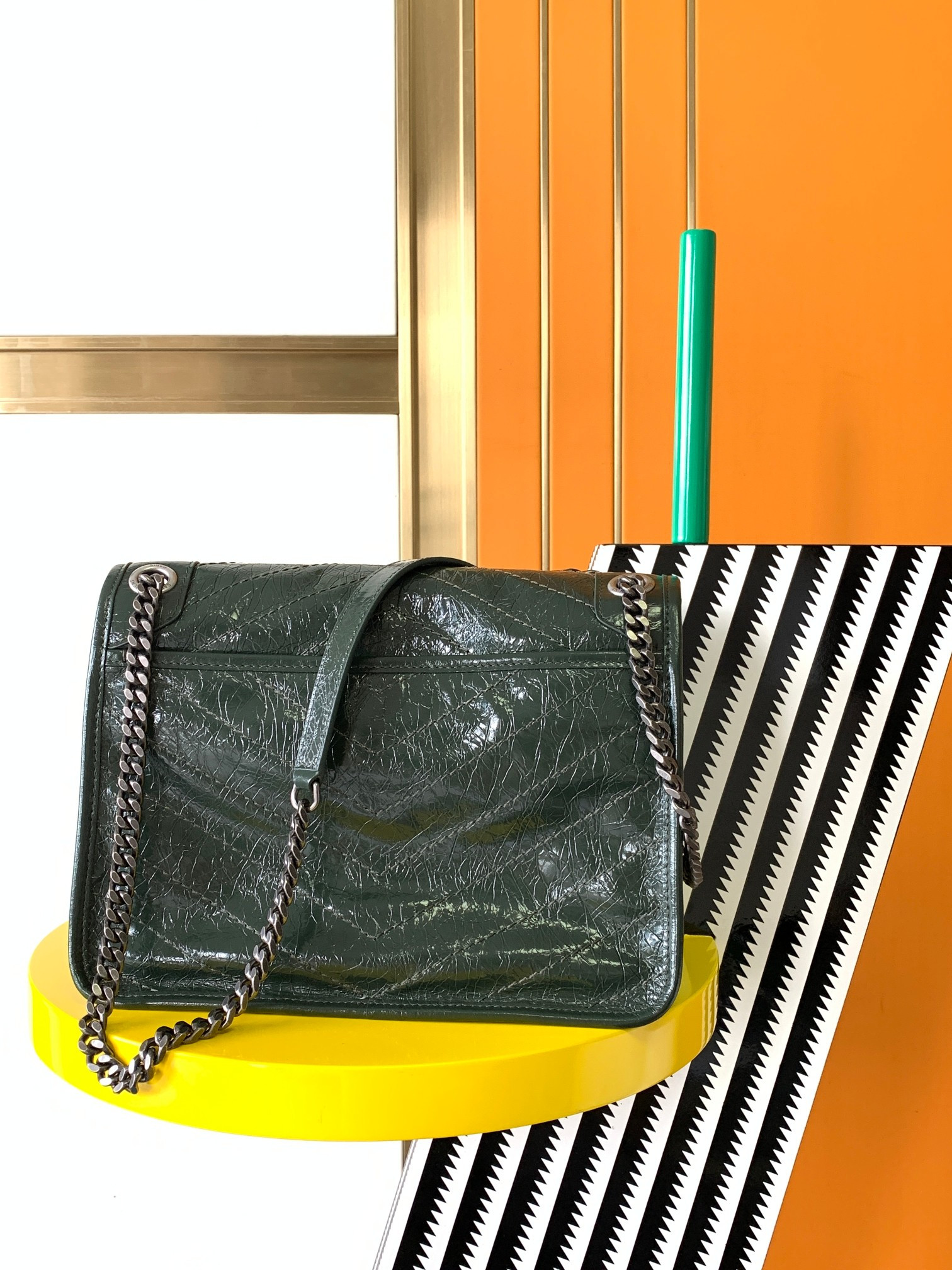 YSL NIKI MEDIUM IN VINTAGE LEATHER dark green 11 X 7.8 X 3.3 INCHES