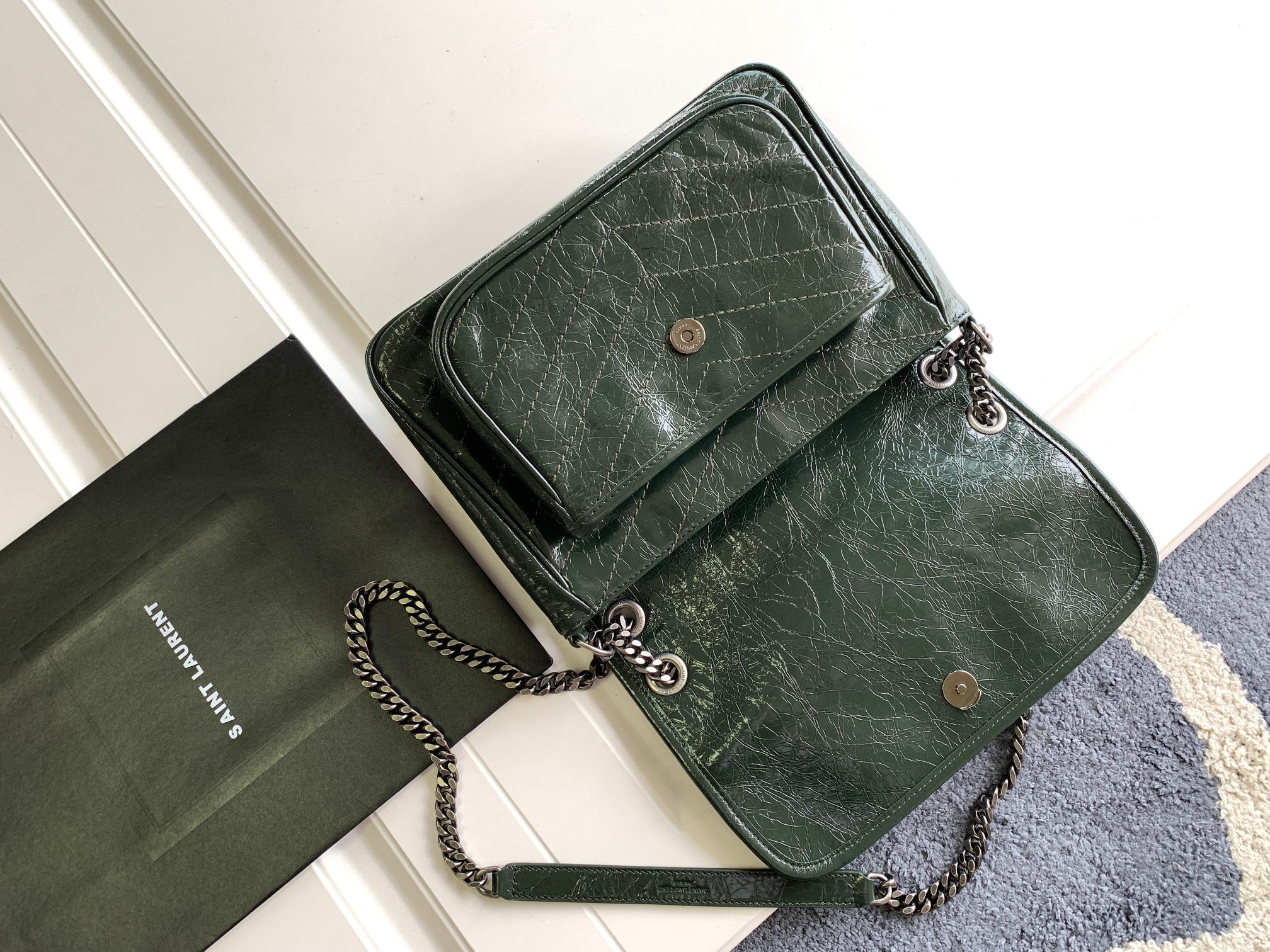 YSL NIKI MEDIUM IN VINTAGE LEATHER dark green 11 X 7.8 X 3.3 INCHES