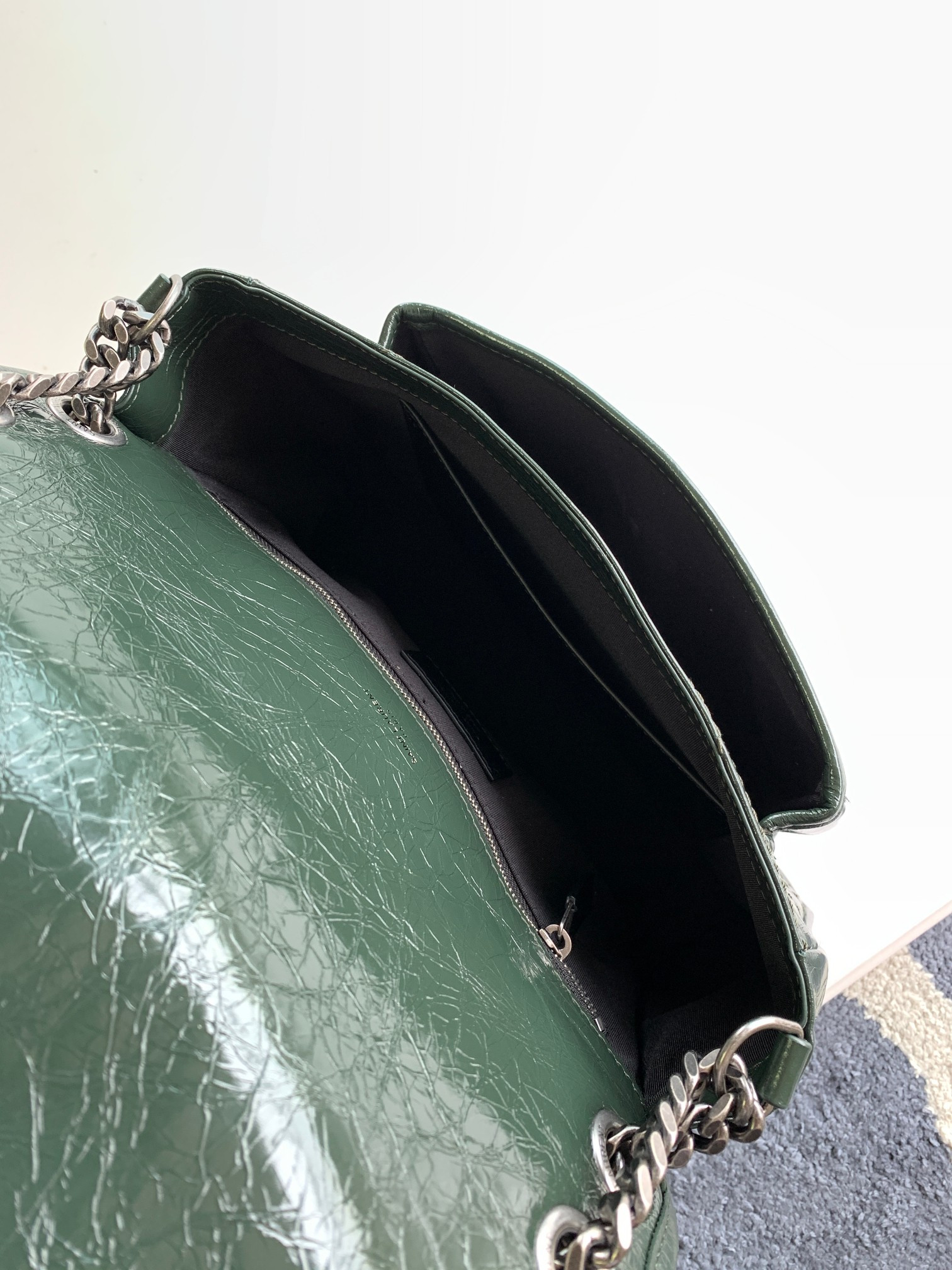 YSL NIKI MEDIUM IN VINTAGE LEATHER dark green 11 X 7.8 X 3.3 INCHES