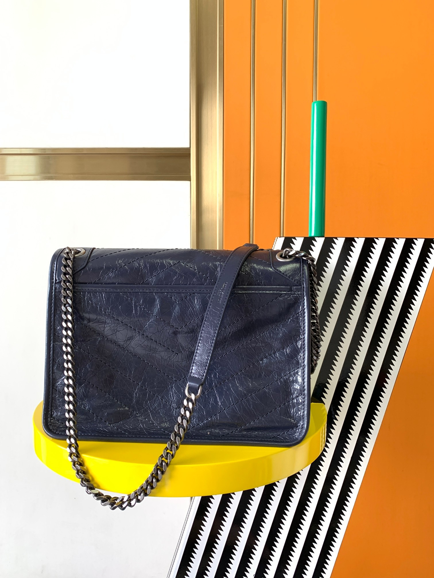 YSL NIKI MEDIUM IN VINTAGE LEATHER navy 11 X 7.8 X 3.3 INCHES