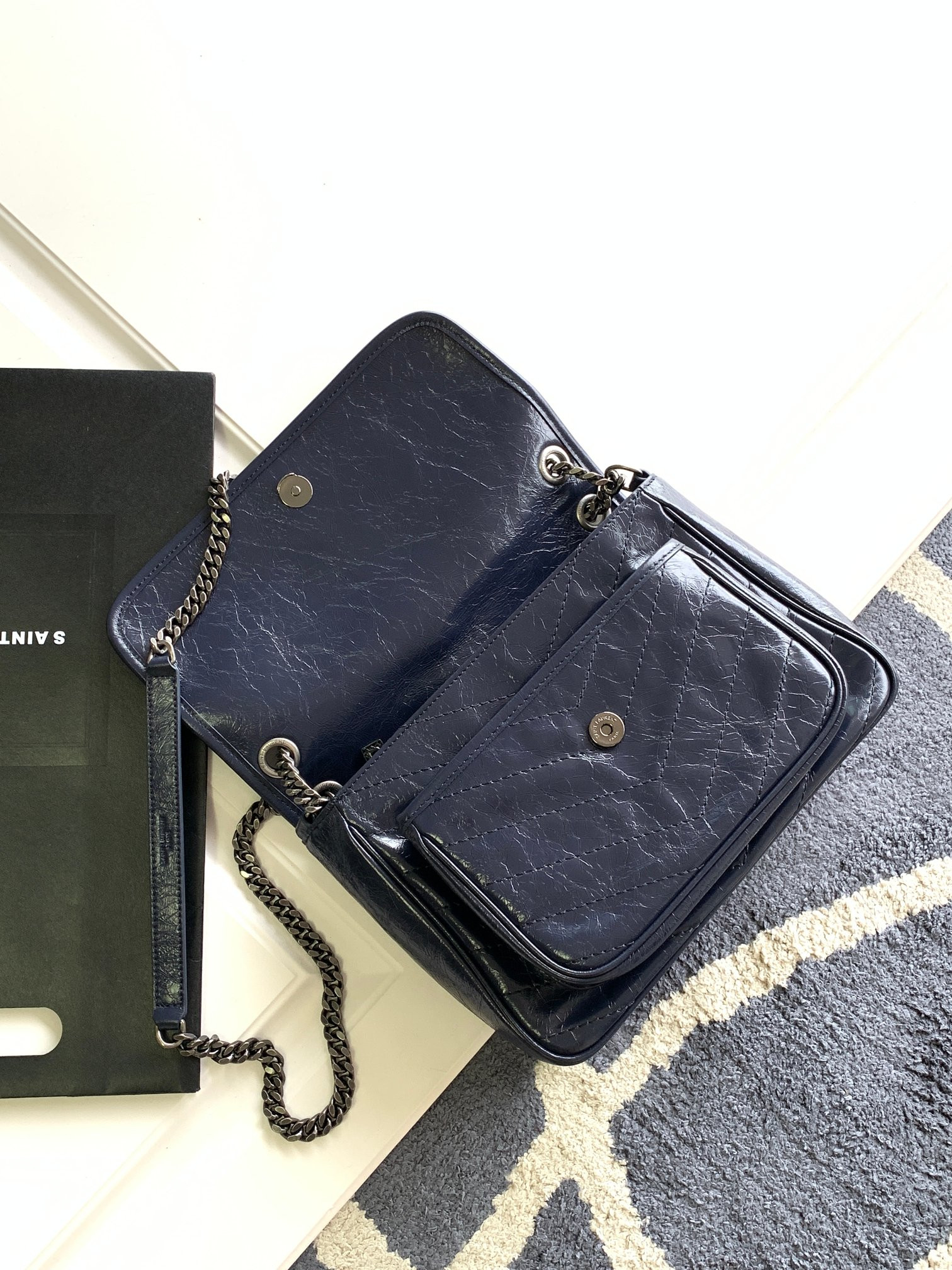 YSL NIKI MEDIUM IN VINTAGE LEATHER navy 11 X 7.8 X 3.3 INCHES