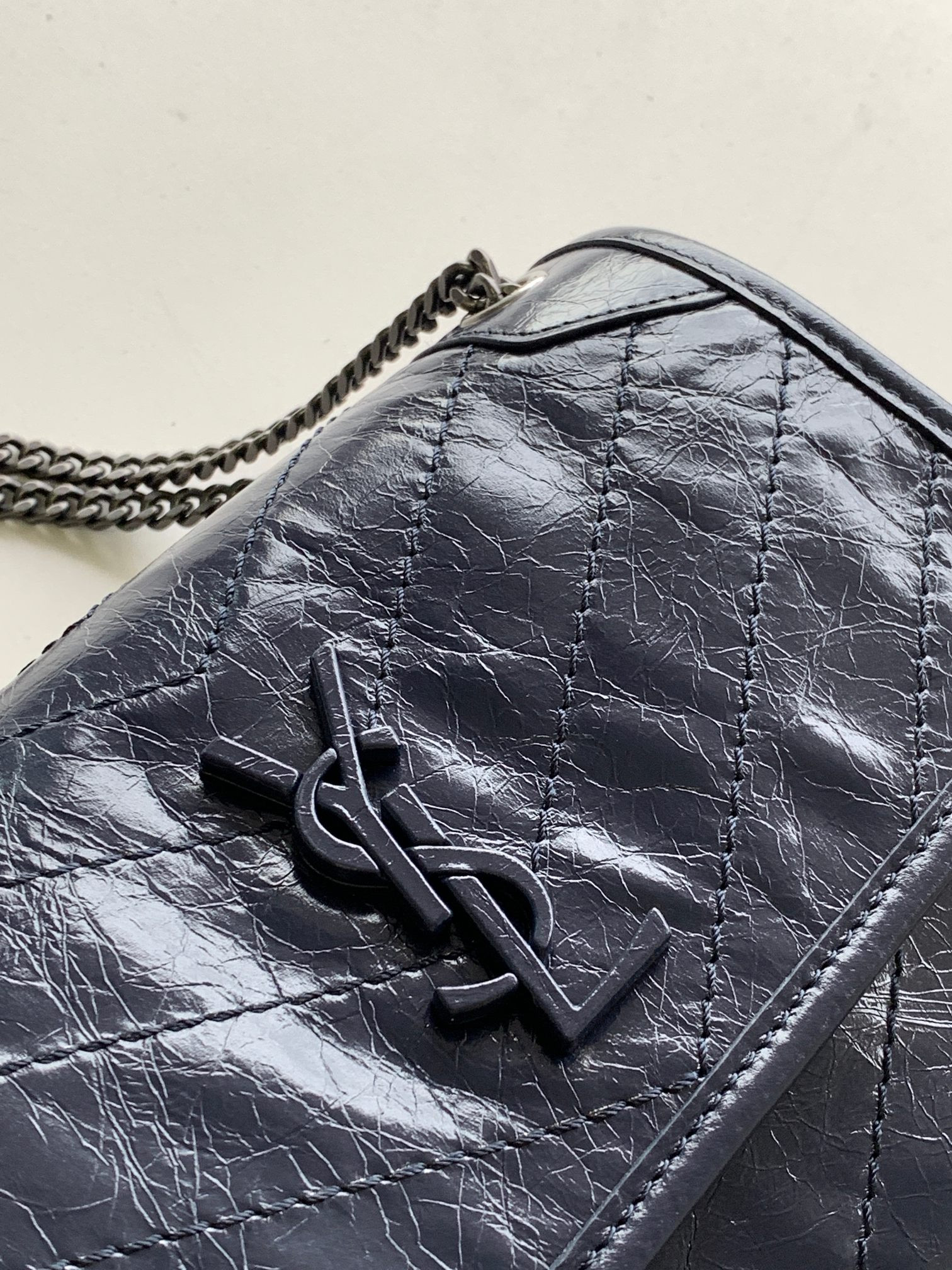 YSL NIKI BABY IN VINTAGE LEATHER NAVY 8.2 X 6 X 2.9 INCHES