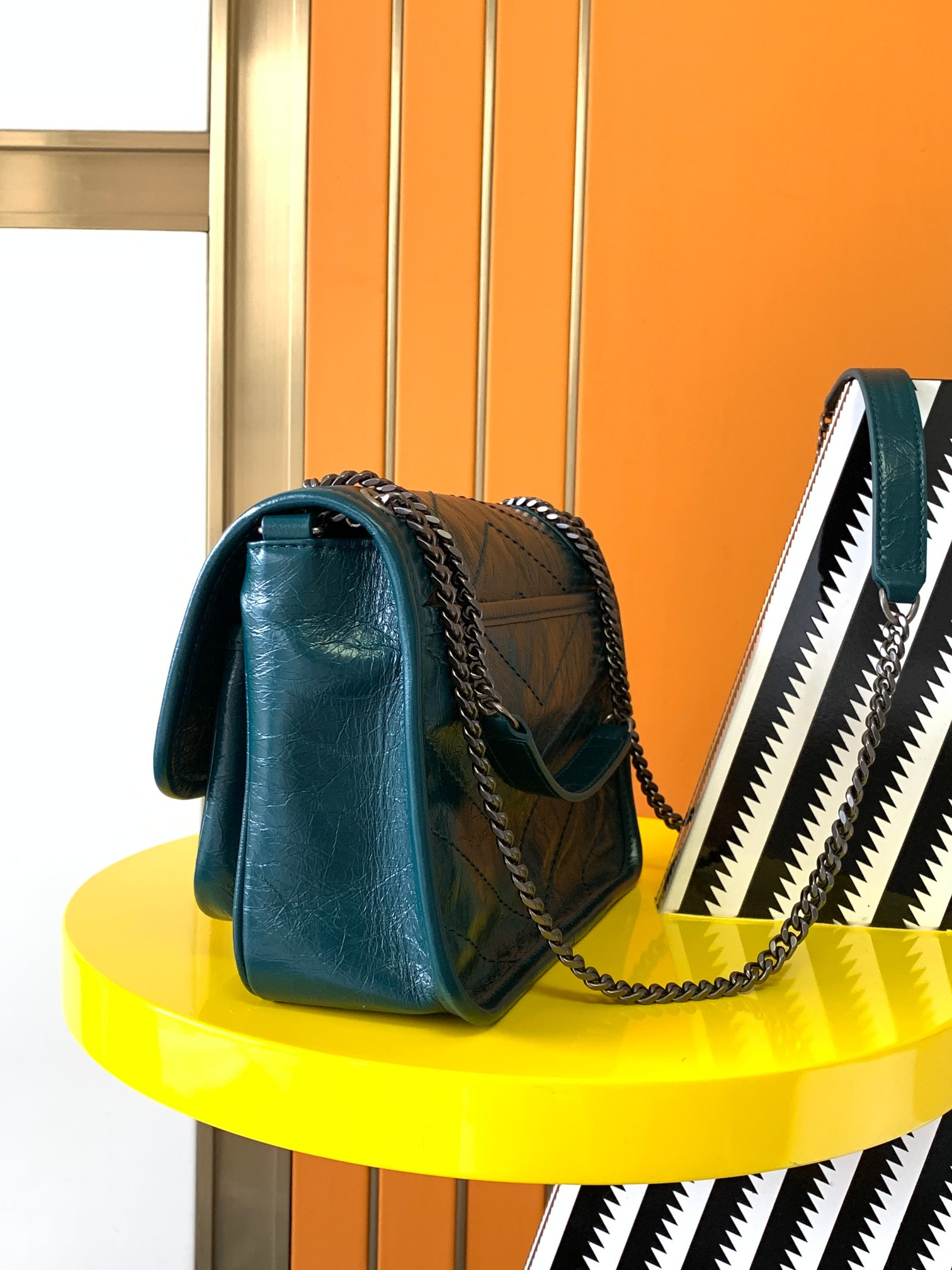 YSL NIKI BABY IN VINTAGE LEATHER BLUE 8.2 X 6 X 2.9 INCHES