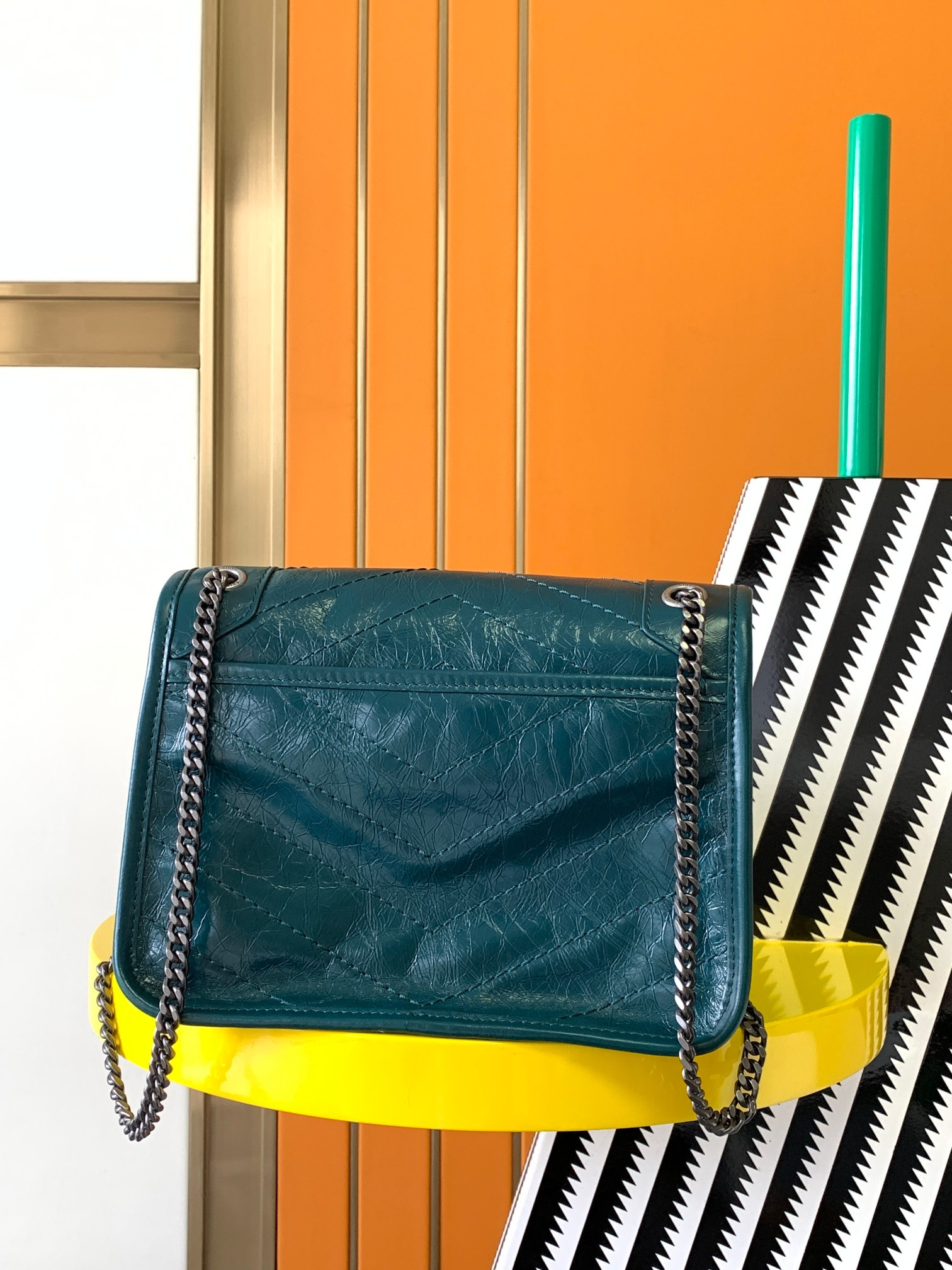 YSL NIKI BABY IN VINTAGE LEATHER BLUE 8.2 X 6 X 2.9 INCHES