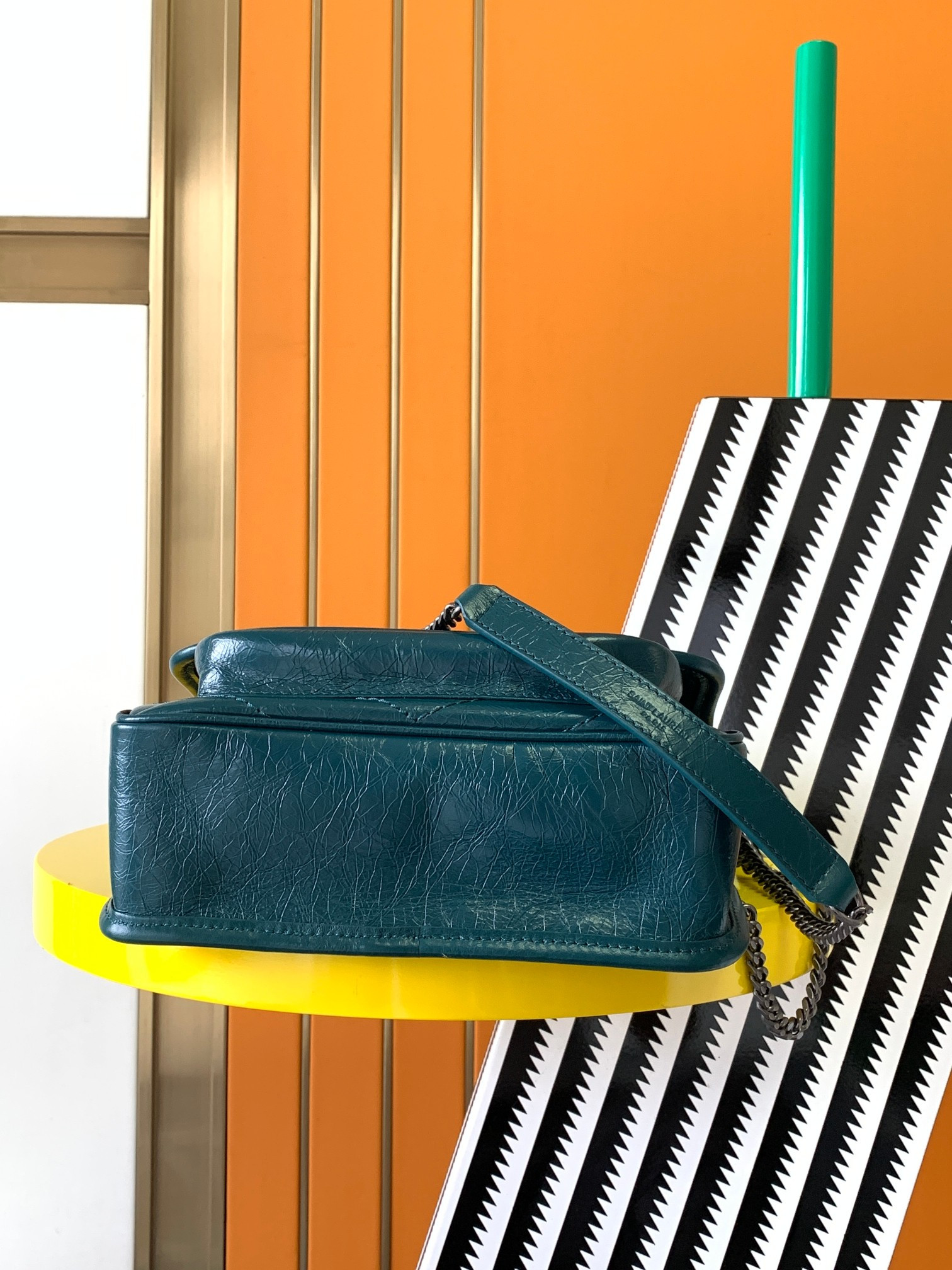 YSL NIKI BABY IN VINTAGE LEATHER BLUE 8.2 X 6 X 2.9 INCHES