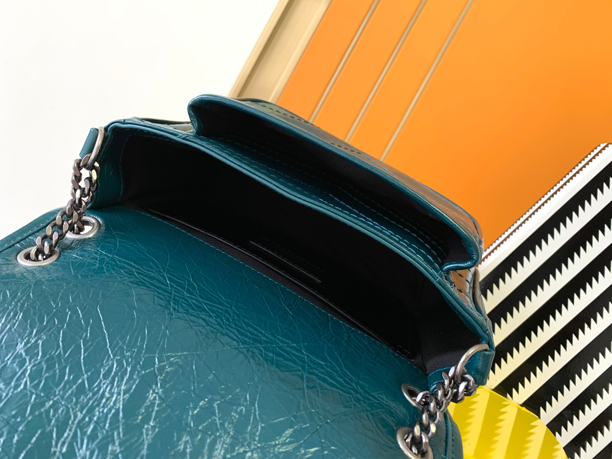 YSL NIKI BABY IN VINTAGE LEATHER BLUE 8.2 X 6 X 2.9 INCHES