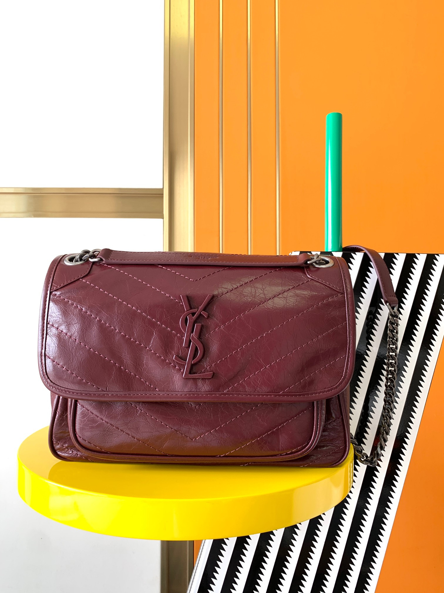 YSL NIKI MEDIUM IN VINTAGE LEATHER RED 11 X 7.8 X 3.3 INCHES