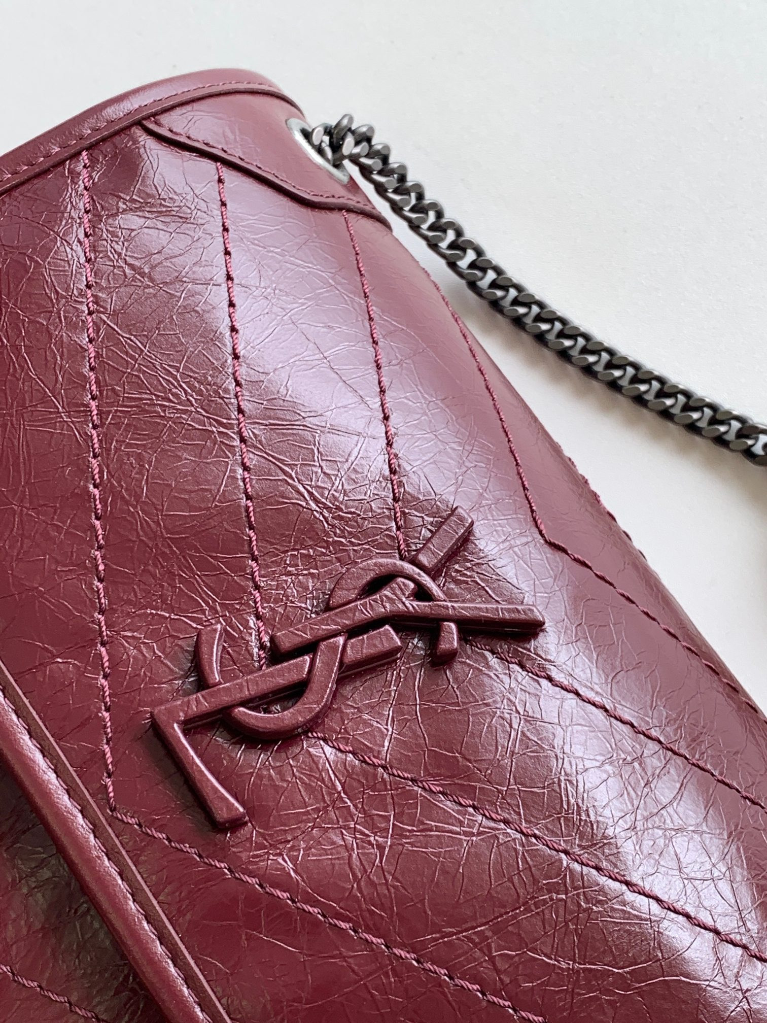 YSL NIKI BABY IN VINTAGE LEATHER Claret 8.2 X 6 X 2.9 INCHES