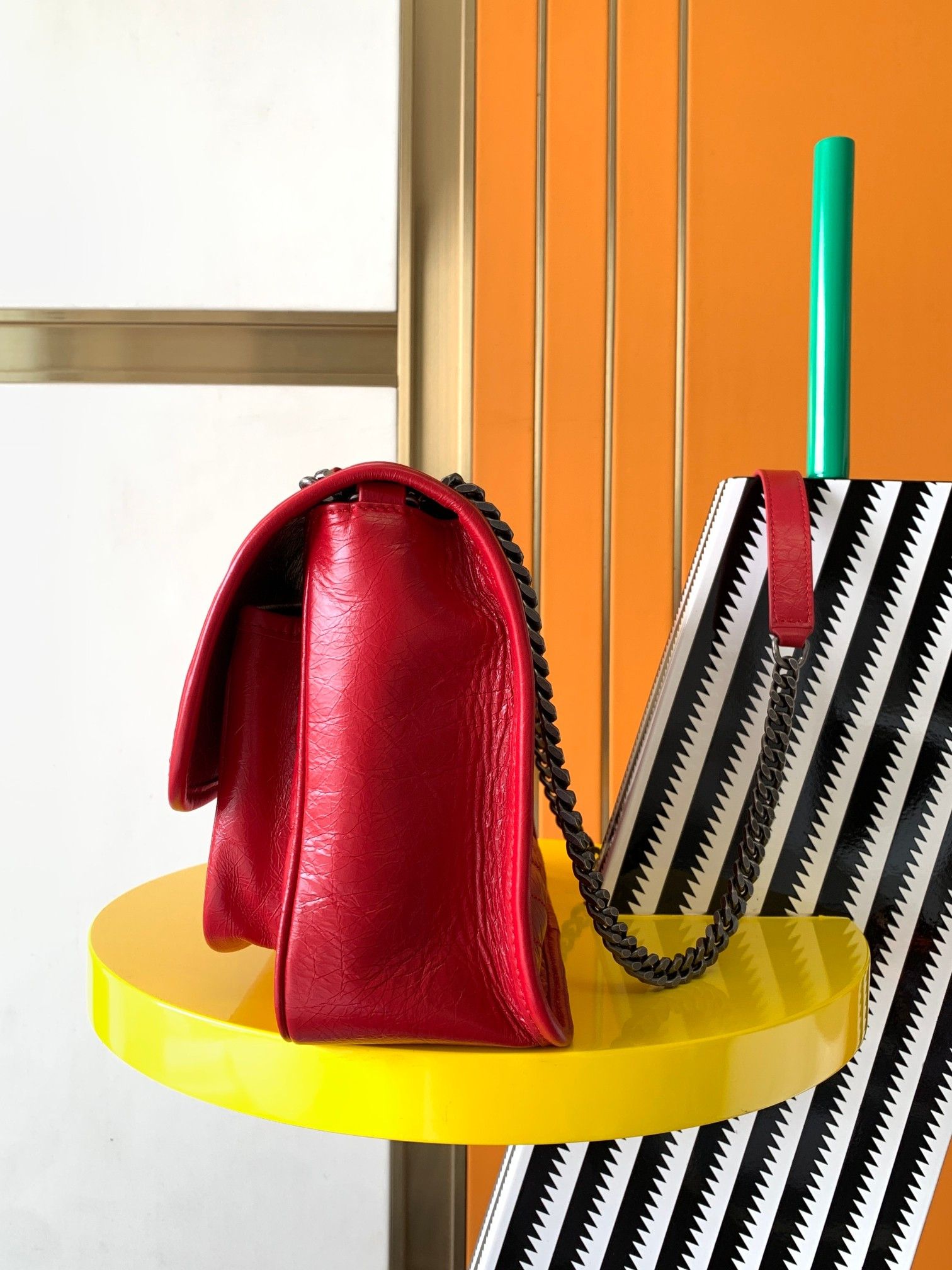 YSL NIKI MEDIUM IN VINTAGE LEATHER SHINY RED 11 X 7.8 X 3.3 INCHES