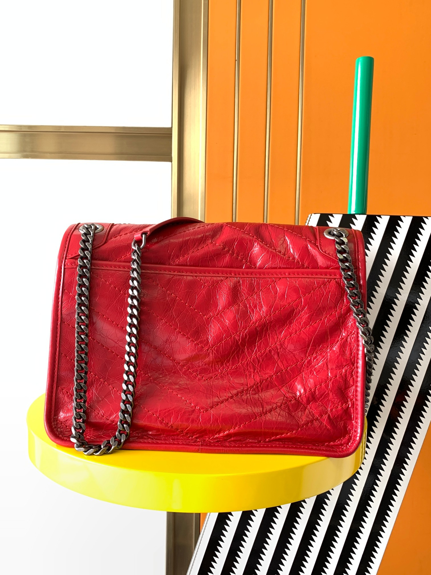 YSL NIKI MEDIUM IN VINTAGE LEATHER SHINY RED 11 X 7.8 X 3.3 INCHES