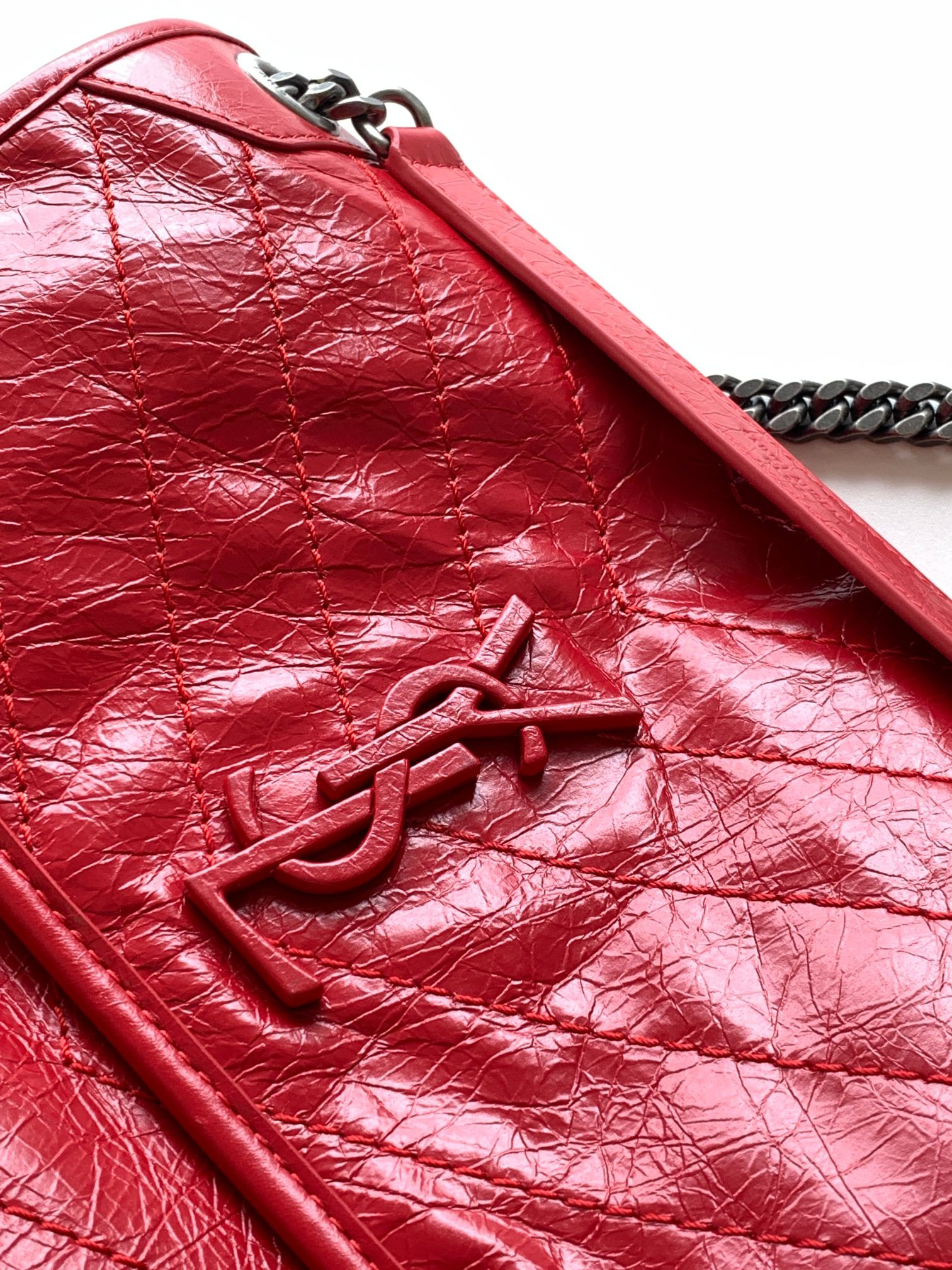 YSL NIKI MEDIUM IN VINTAGE LEATHER SHINY RED 11 X 7.8 X 3.3 INCHES