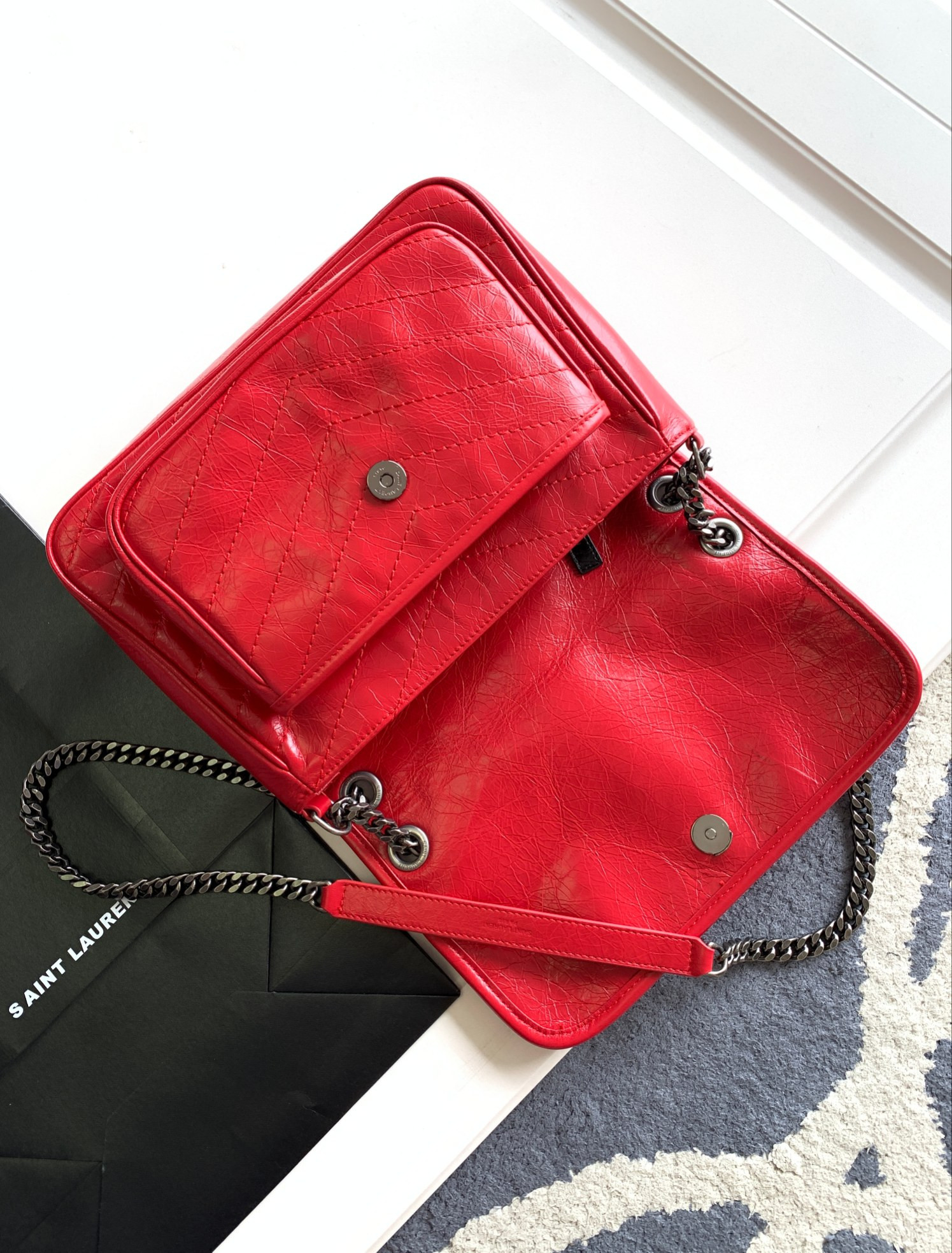 YSL NIKI MEDIUM IN VINTAGE LEATHER SHINY RED 11 X 7.8 X 3.3 INCHES