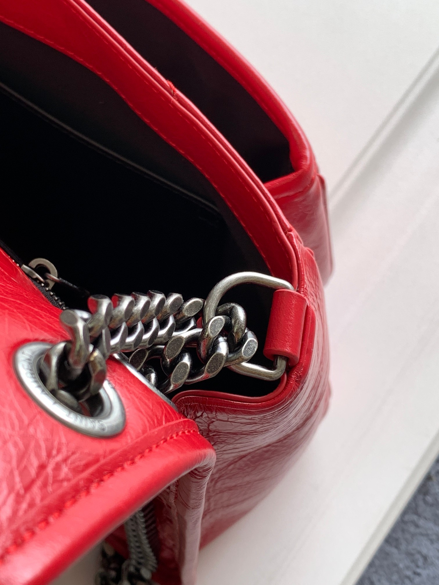 YSL NIKI MEDIUM IN VINTAGE LEATHER SHINY RED 11 X 7.8 X 3.3 INCHES