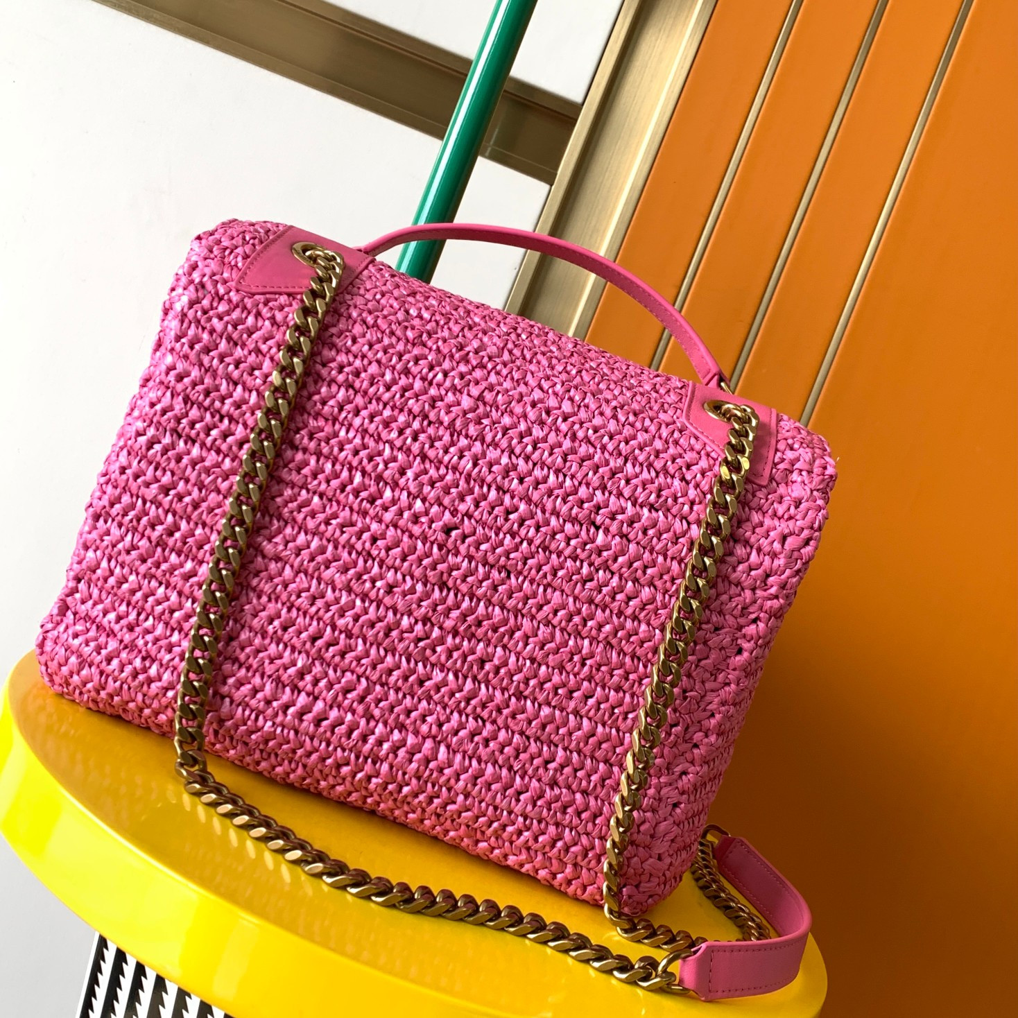 YSL NIKI MEDIUM CHAIN BAG IN RAFFIA AND LEATHER 11 X 7.8 X 3.3 INCHES