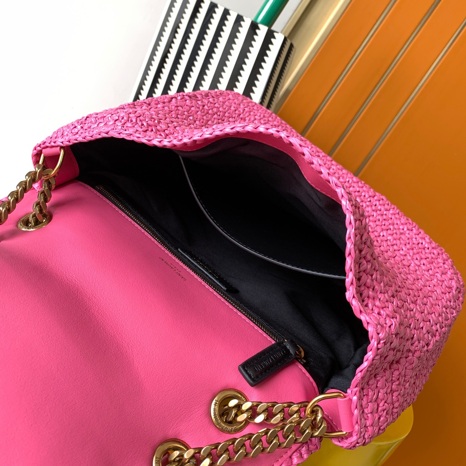 YSL NIKI MEDIUM CHAIN BAG IN RAFFIA AND LEATHER 11 X 7.8 X 3.3 INCHES