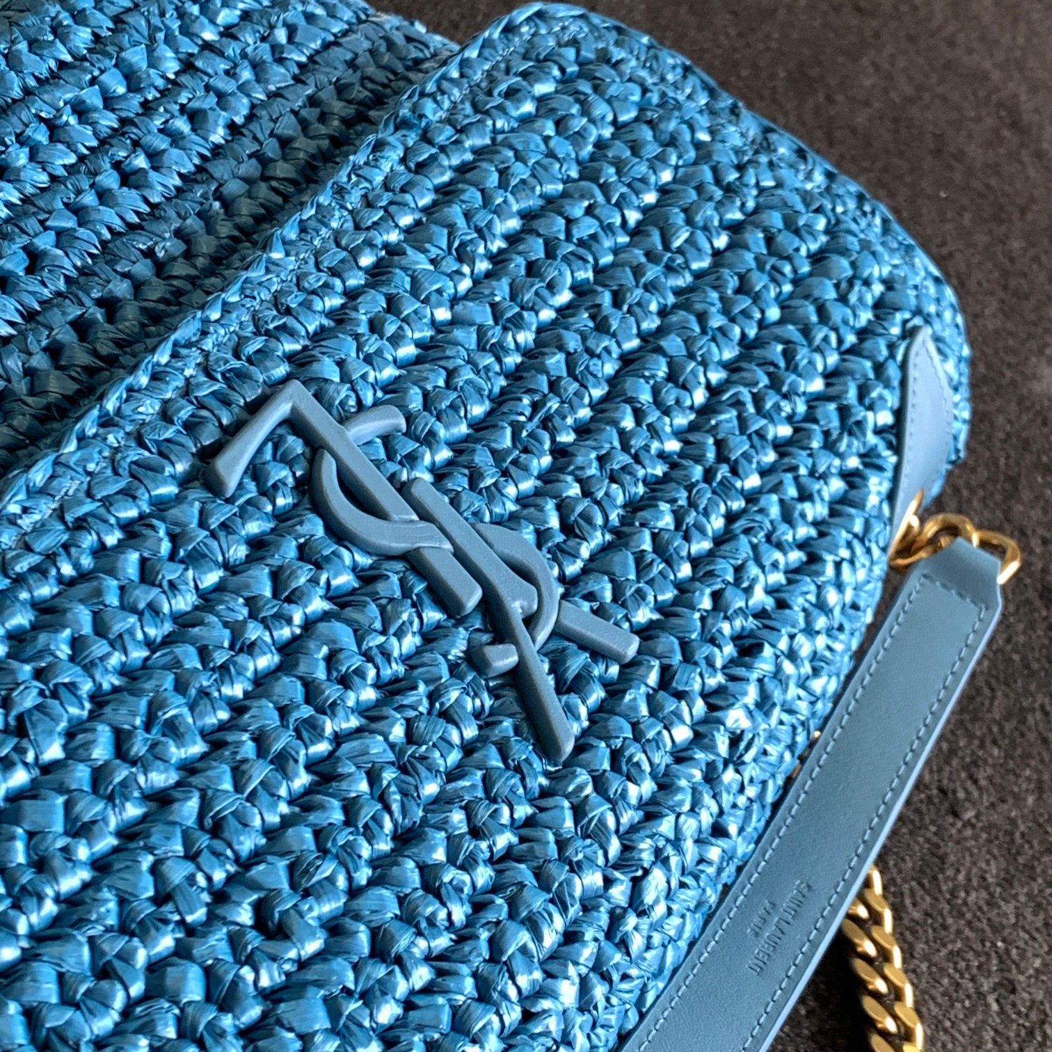 YSL NIKI MEDIUM CHAIN BAG IN RAFFIA AND LEATHER BLUE 11 X 7.8 X 3.3 INCHES