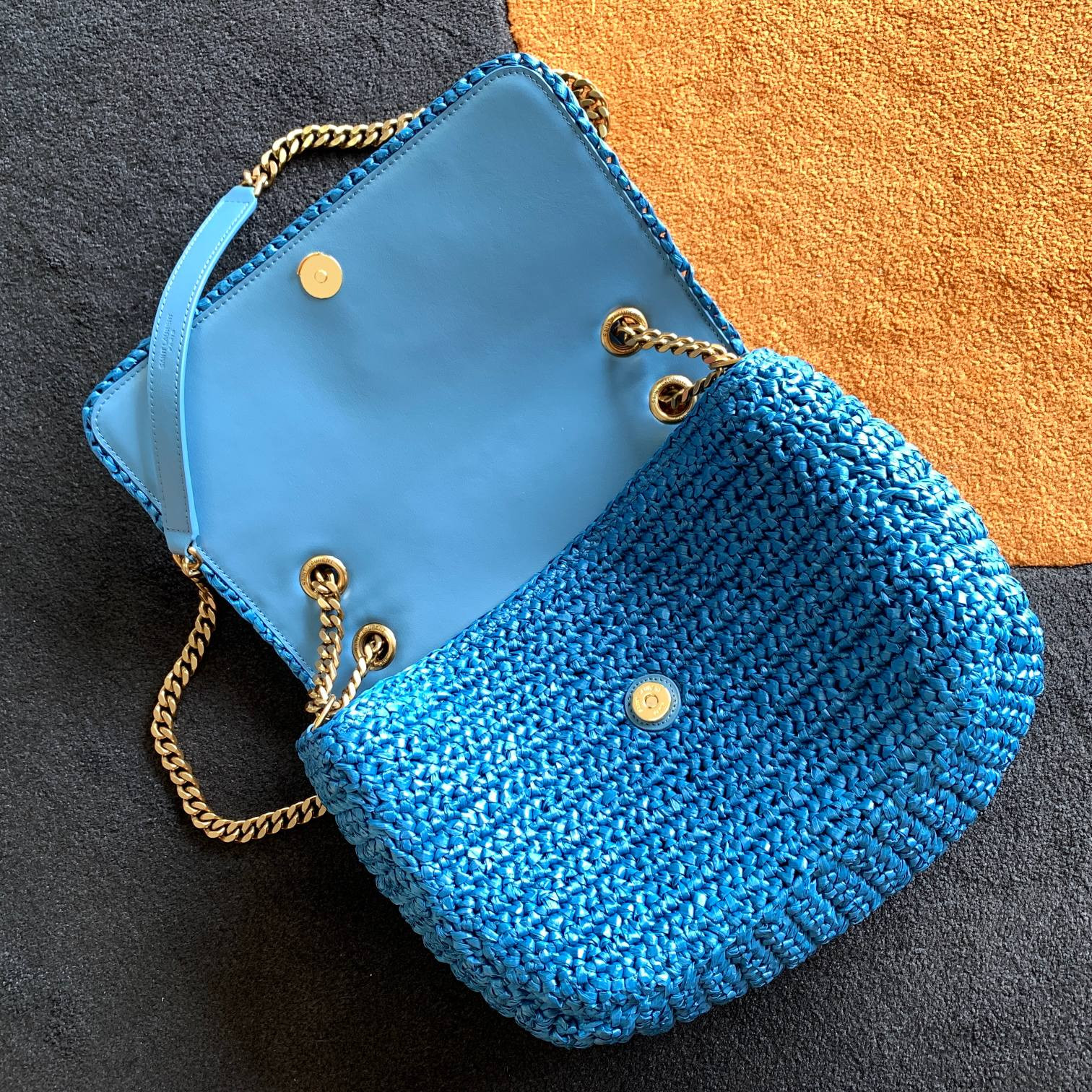 YSL NIKI MEDIUM CHAIN BAG IN RAFFIA AND LEATHER BLUE 11 X 7.8 X 3.3 INCHES