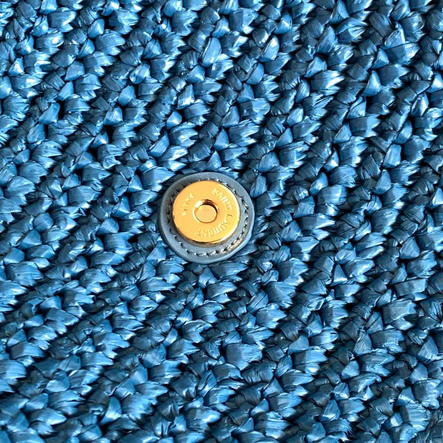 YSL NIKI MEDIUM CHAIN BAG IN RAFFIA AND LEATHER BLUE 11 X 7.8 X 3.3 INCHES