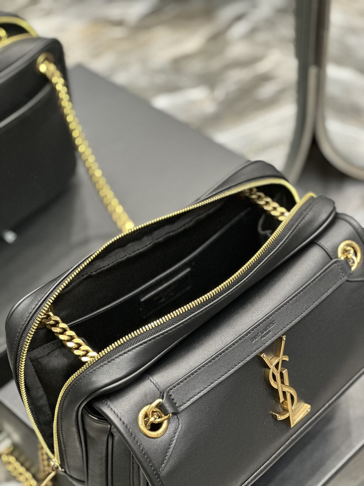 YSL NIKI MEDIUM IN VINTAGE LEATHER BLACK GOLD 11 X 7.8 X 3.3 INCHES