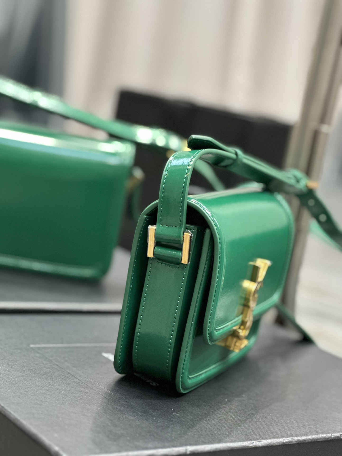 YSL SOLFERINO SMALL SATCHEL IN BOX SAINT LAURENT GREEN 7.4 X 5.1 X 1.9 INCHES