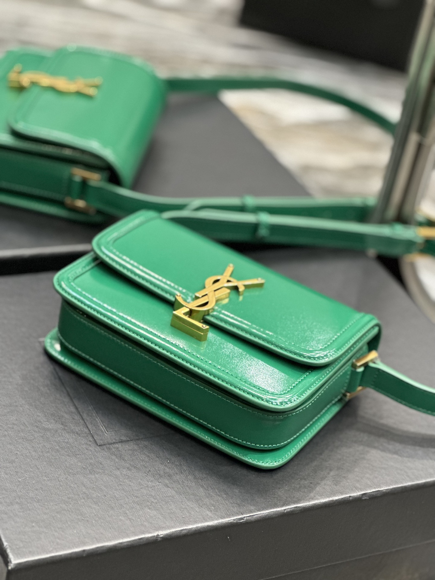 YSL SOLFERINO SMALL SATCHEL IN BOX SAINT LAURENT GREEN 7.4 X 5.1 X 1.9 INCHES