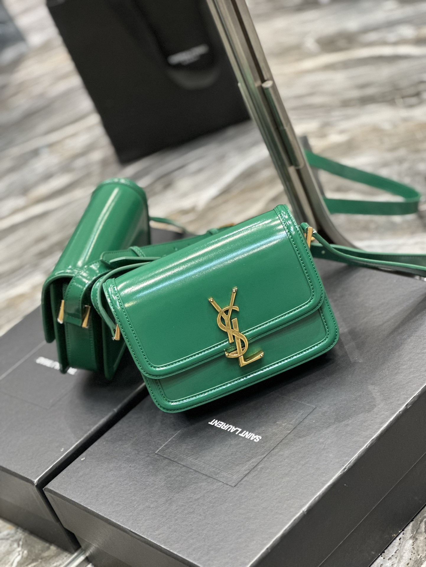 YSL SOLFERINO SMALL SATCHEL IN BOX SAINT LAURENT GREEN 7.4 X 5.1 X 1.9 INCHES