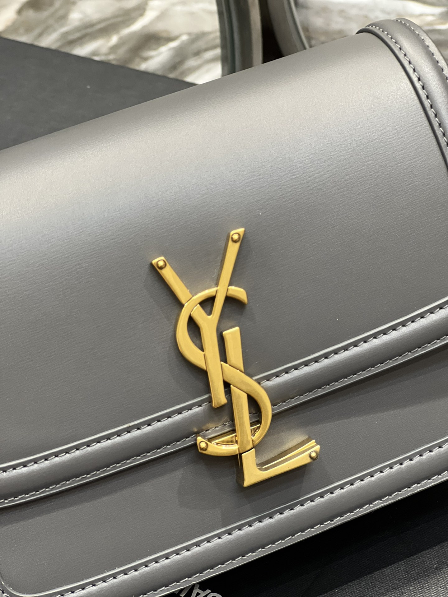 YSL SOLFERINO SMALL SATCHEL IN BOX SAINT LAURENT STORM 7.4 X 5.1 X 1.9 INCHES
