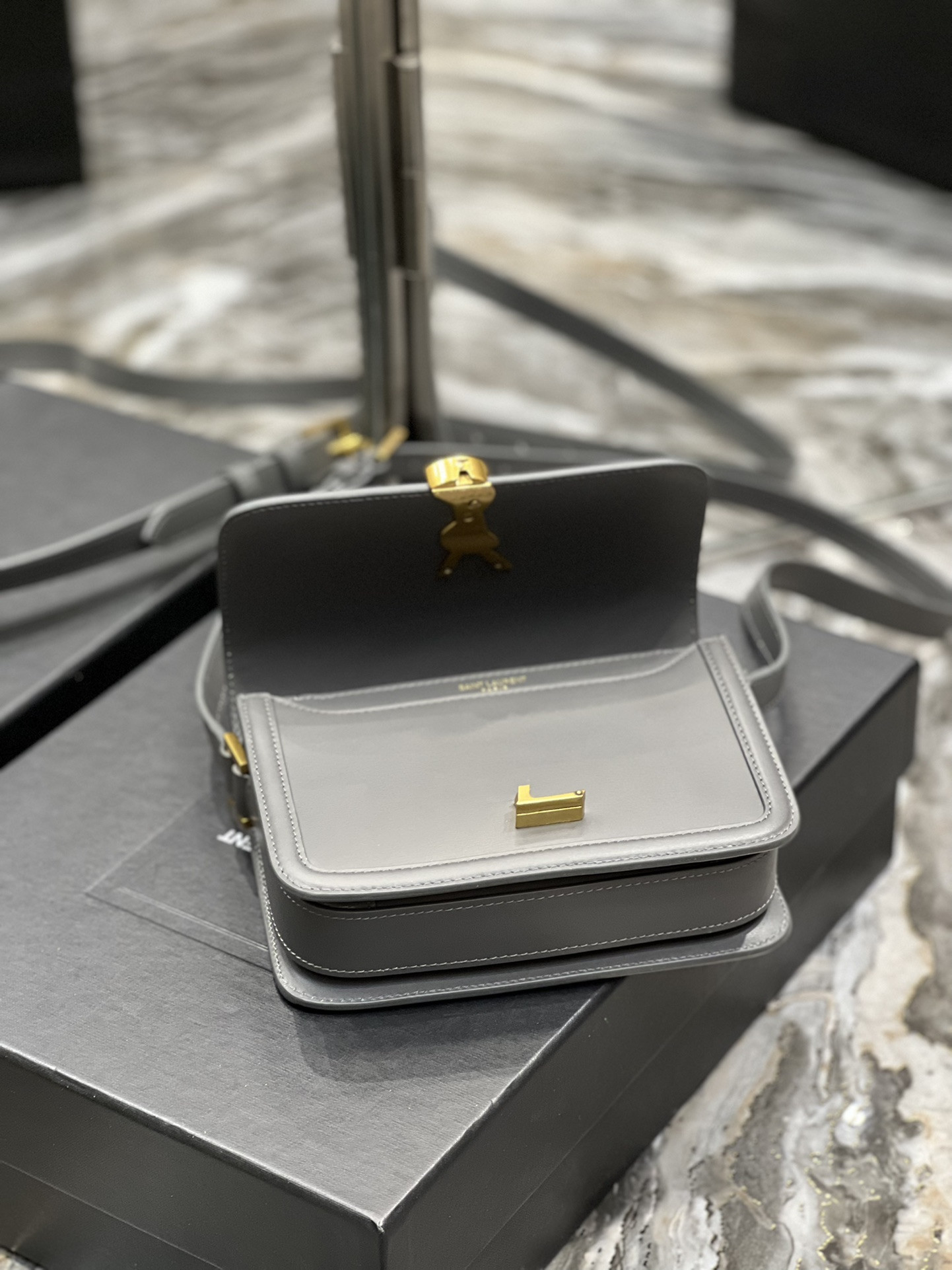 YSL SOLFERINO SMALL SATCHEL IN BOX SAINT LAURENT STORM 7.4 X 5.1 X 1.9 INCHES