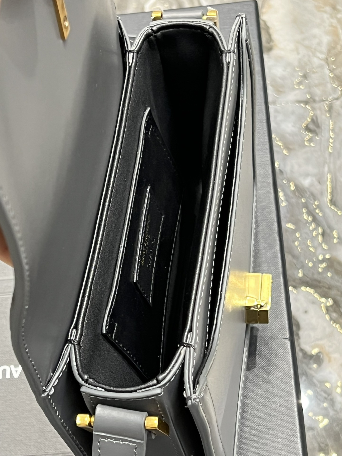 YSL SOLFERINO SMALL SATCHEL IN BOX SAINT LAURENT STORM 7.4 X 5.1 X 1.9 INCHES