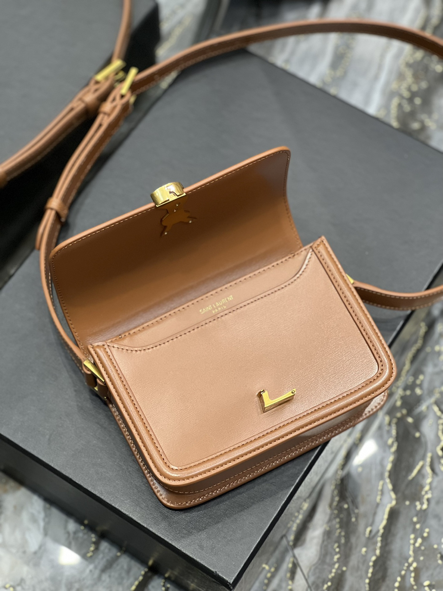 YSL SOLFERINO SMALL SATCHEL IN BOX SAINT LAURENT BRWON 7.4 X 5.1 X 1.9 INCHES