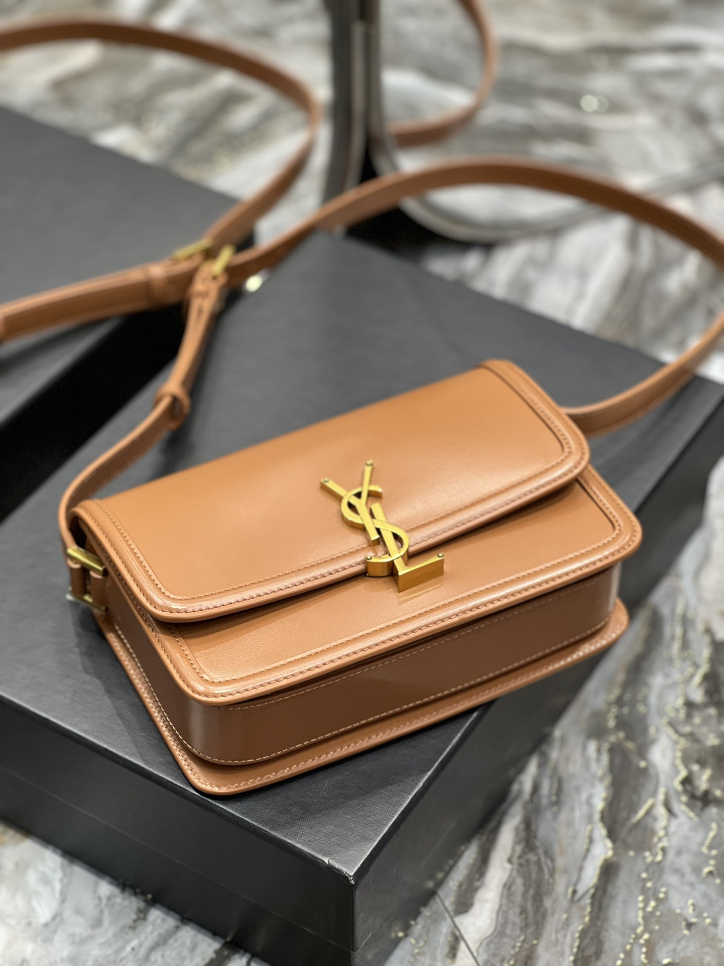 YSL SOLFERINO MEDIUM SATCHEL IN BOX SAINT LAURENT BROWN 9.1 X 6.3 X 2.4 INCHES