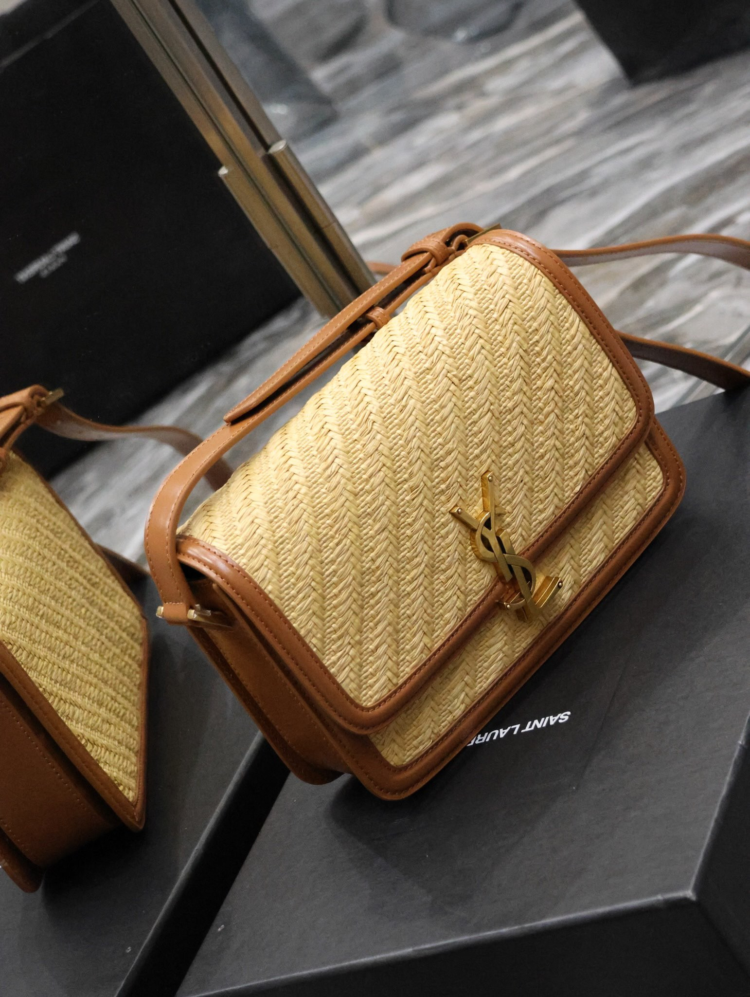 YSL SOLFERINO MEDIUM SATCHEL IN RAFFIA AND VEGETABLE-TANNED LEATHER NATURAL SAND AND BRICK 9.8 X 6.7 X 2 INCHES