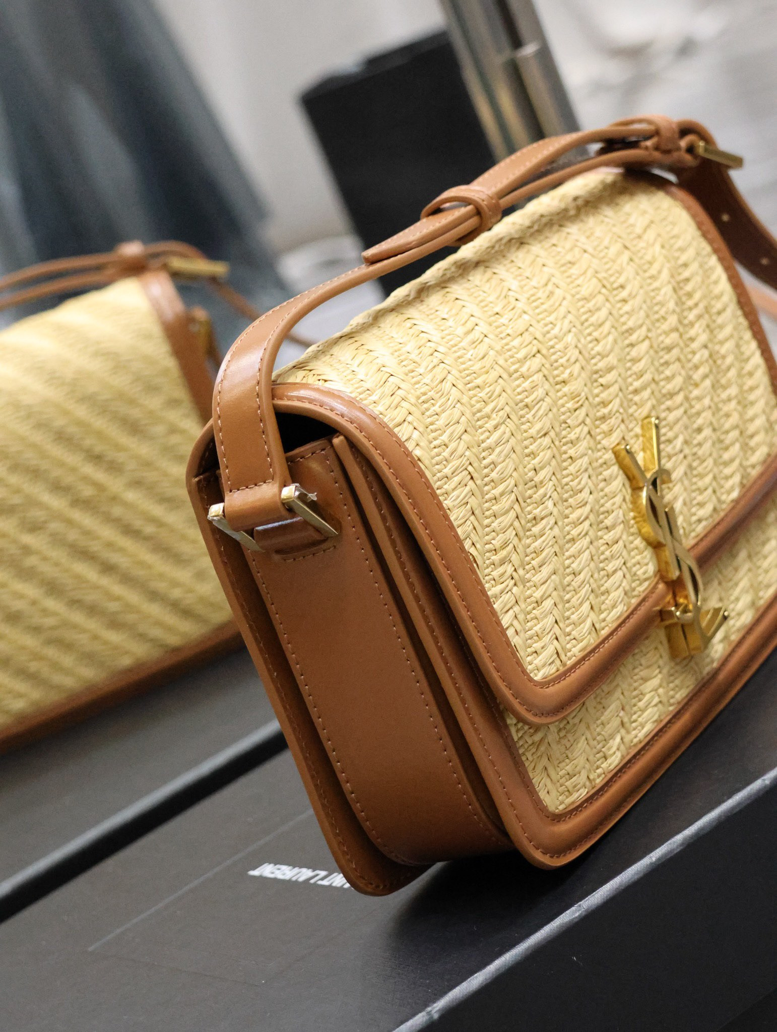 YSL SOLFERINO MEDIUM SATCHEL IN RAFFIA AND VEGETABLE-TANNED LEATHER NATURAL SAND AND BRICK 9.8 X 6.7 X 2 INCHES