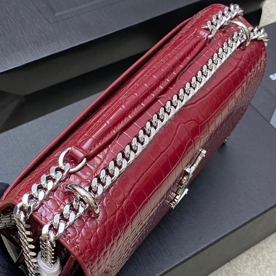 YSL SUNSET MEDIUM IN CROCODILE-EMBOSSED LEATHER RED VELVET 8 X 6.2 X 2.5 INCHES