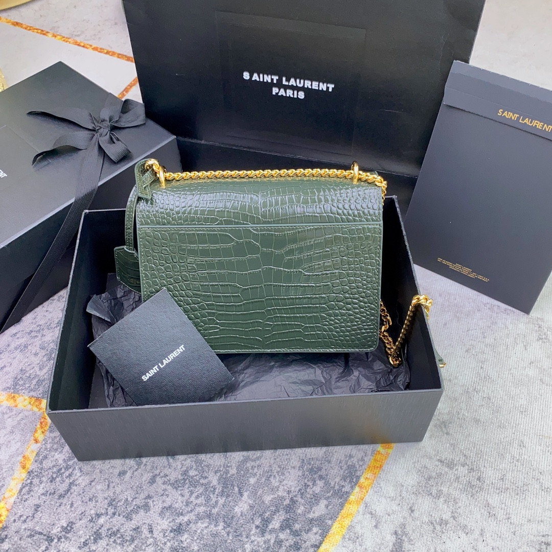 YSL SUNSET MEDIUM IN CROCODILE-EMBOSSED LEATHER MINT 8 X 6.2 X 2.5 INCHES