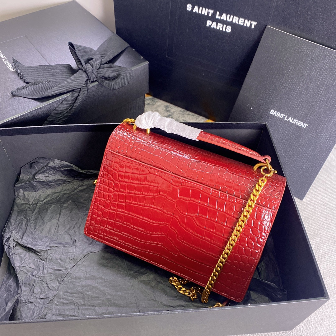 YSL SUNSET CHAIN WALLET IN CROCODILE-EMBOSSED SHINY LEATHER RED 7.4 X 5.5 X 2.1 INCHES