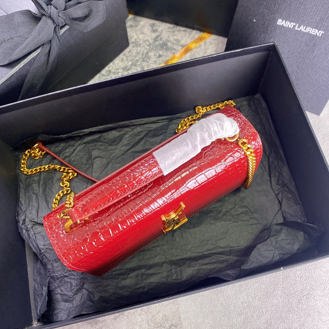 YSL SUNSET CHAIN WALLET IN CROCODILE-EMBOSSED SHINY LEATHER RED 7.4 X 5.5 X 2.1 INCHES